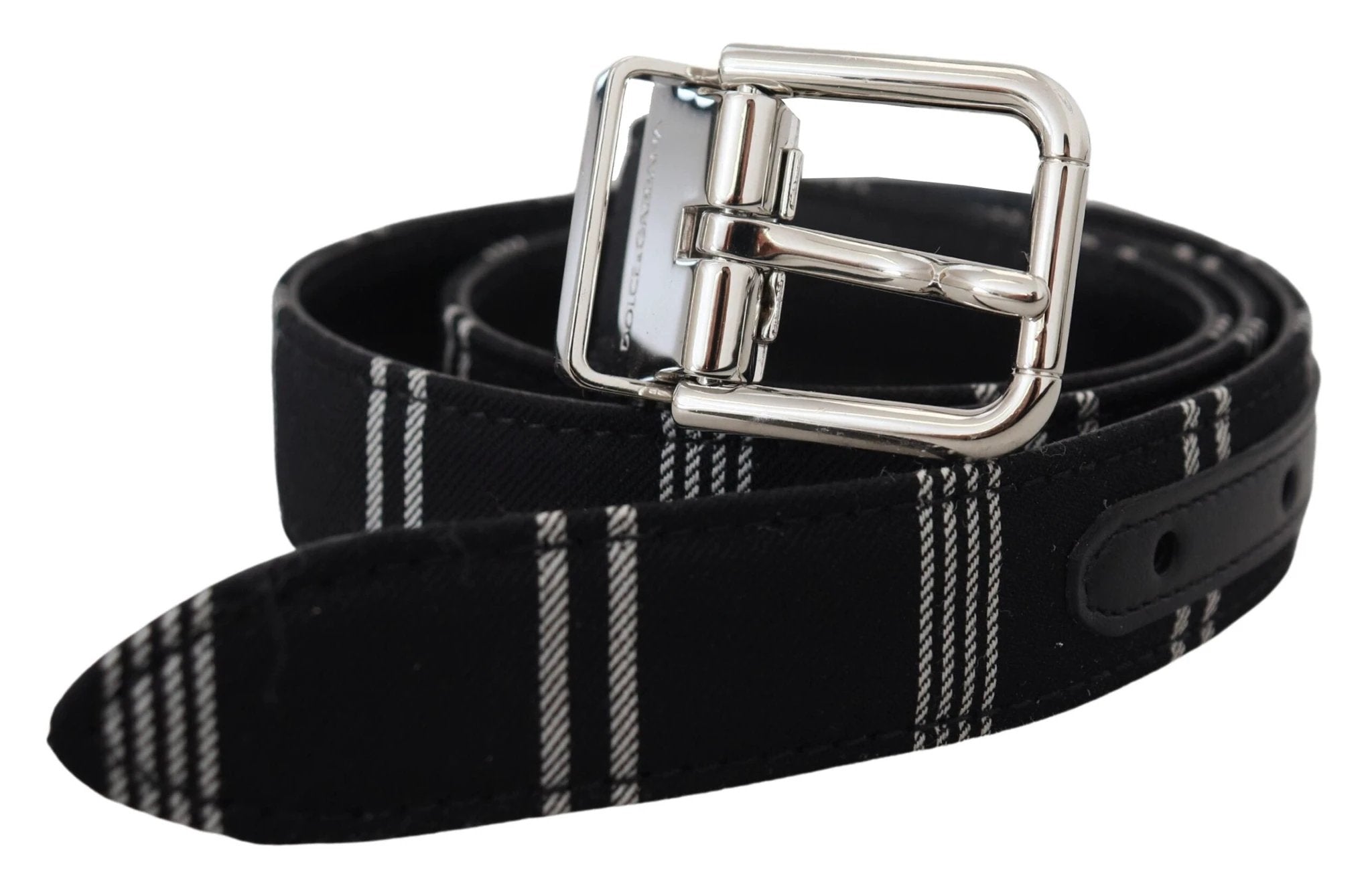 Dolce & Gabbana Black White Cotton Metal Silver Buckle Belt by Dolce & Gabbana