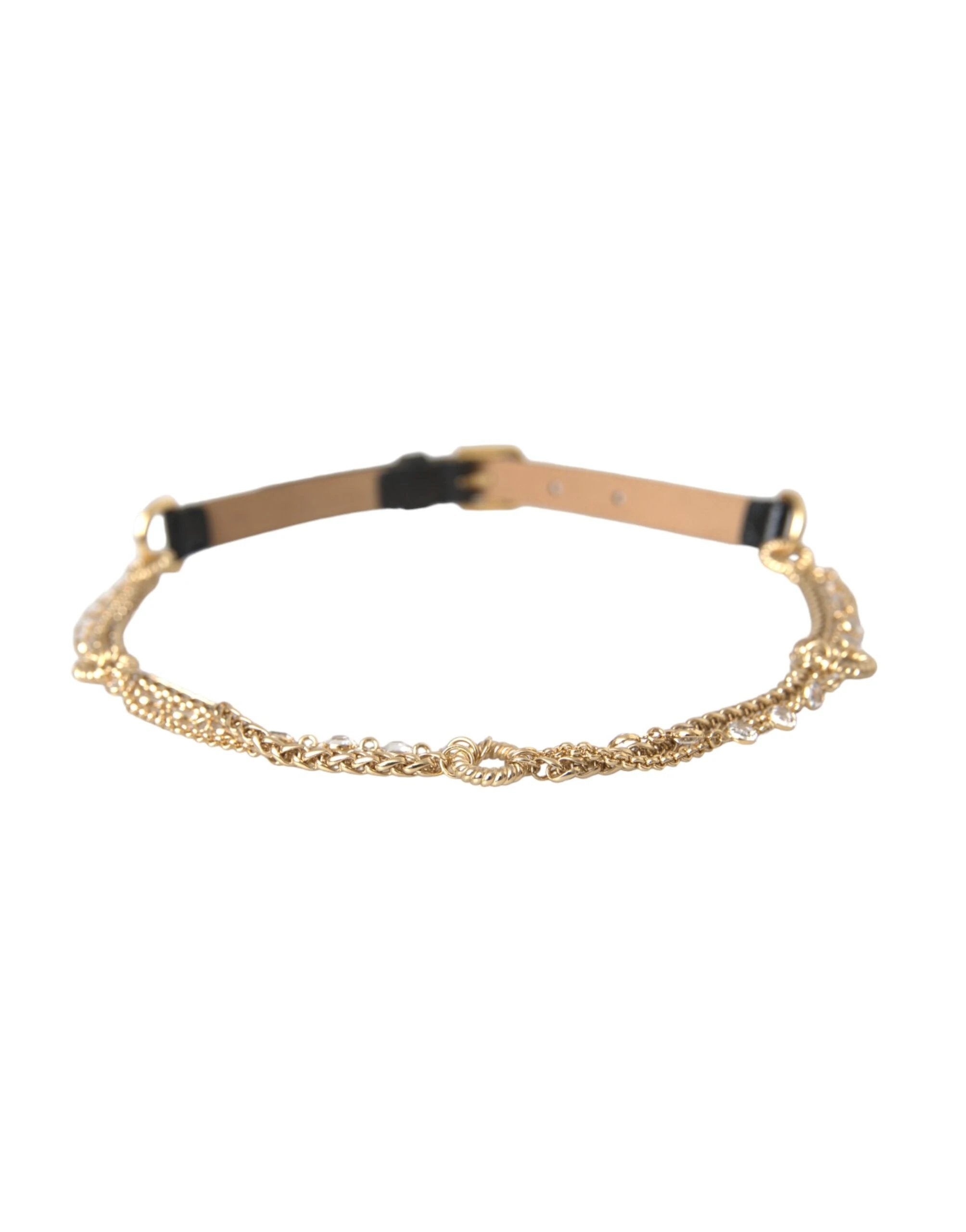 Dolce & Gabbana Black Leather Gold Chain Crystal Waist Women Belt by Dolce & Gabbana