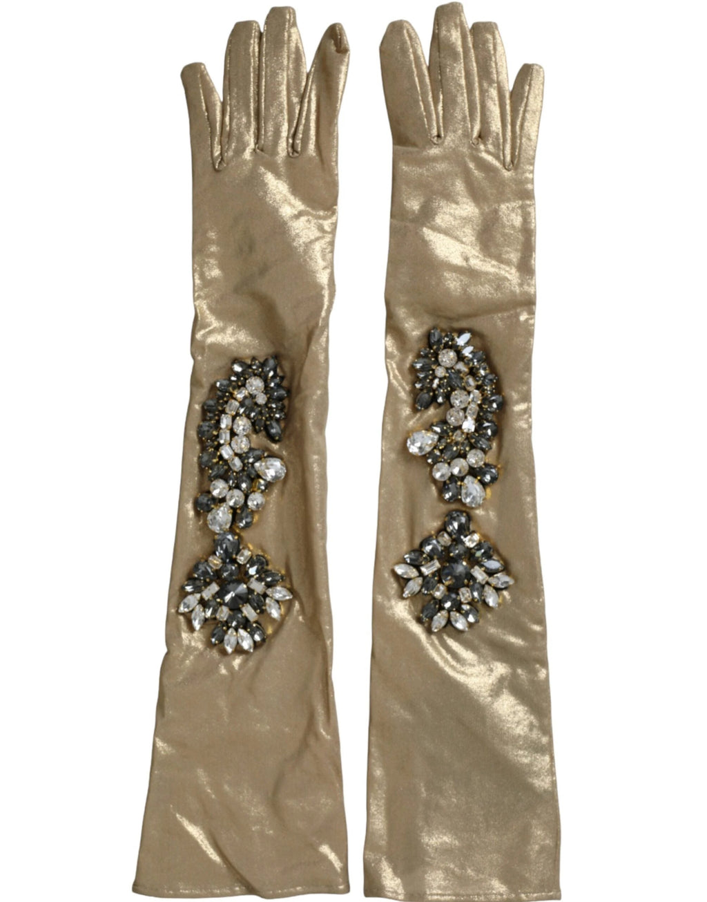 Dolce & Gabbana Beige Satin Crystal Elbow Length Gloves by Dolce & Gabbana