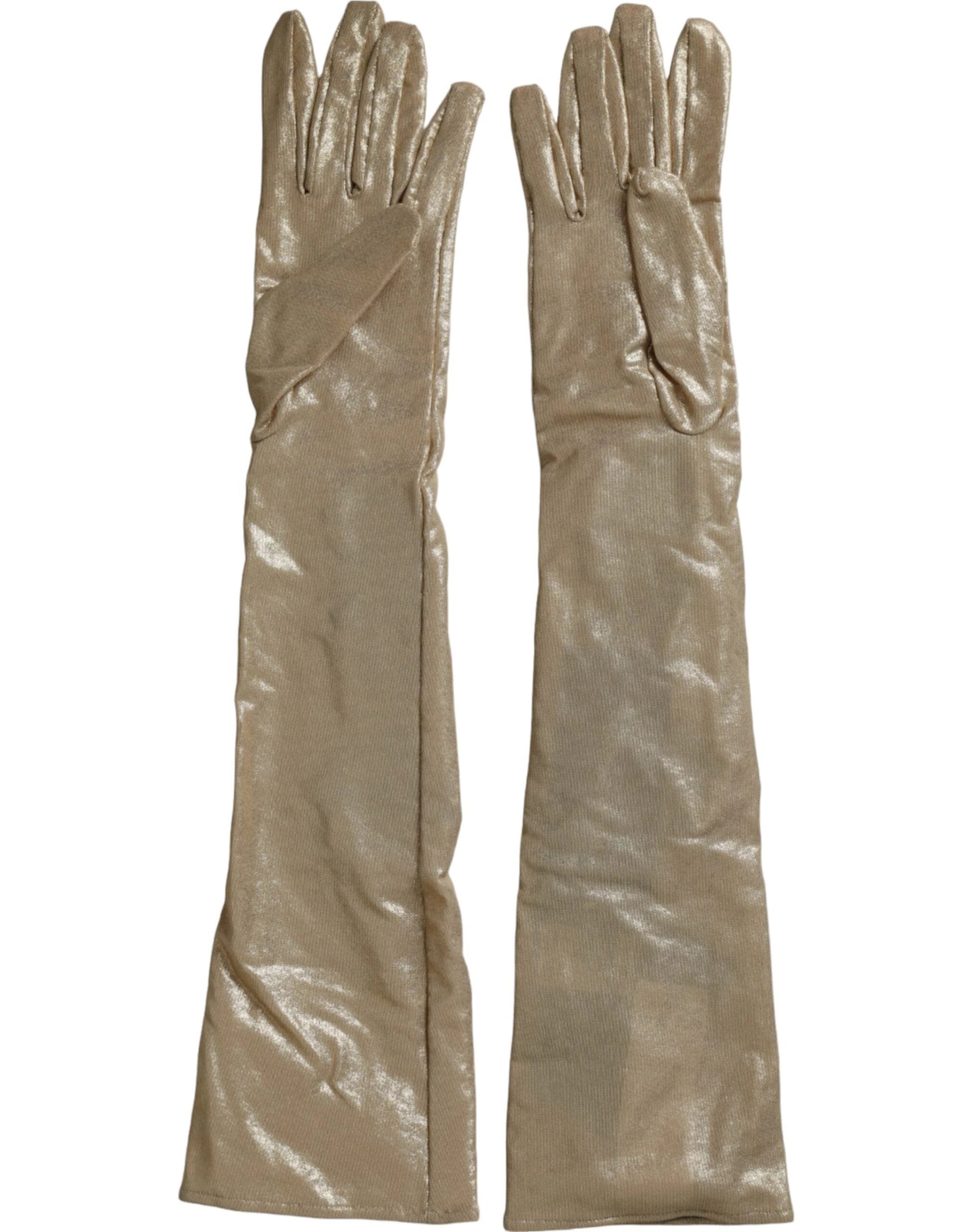 Dolce & Gabbana Beige Satin Crystal Elbow Length Gloves by Dolce & Gabbana