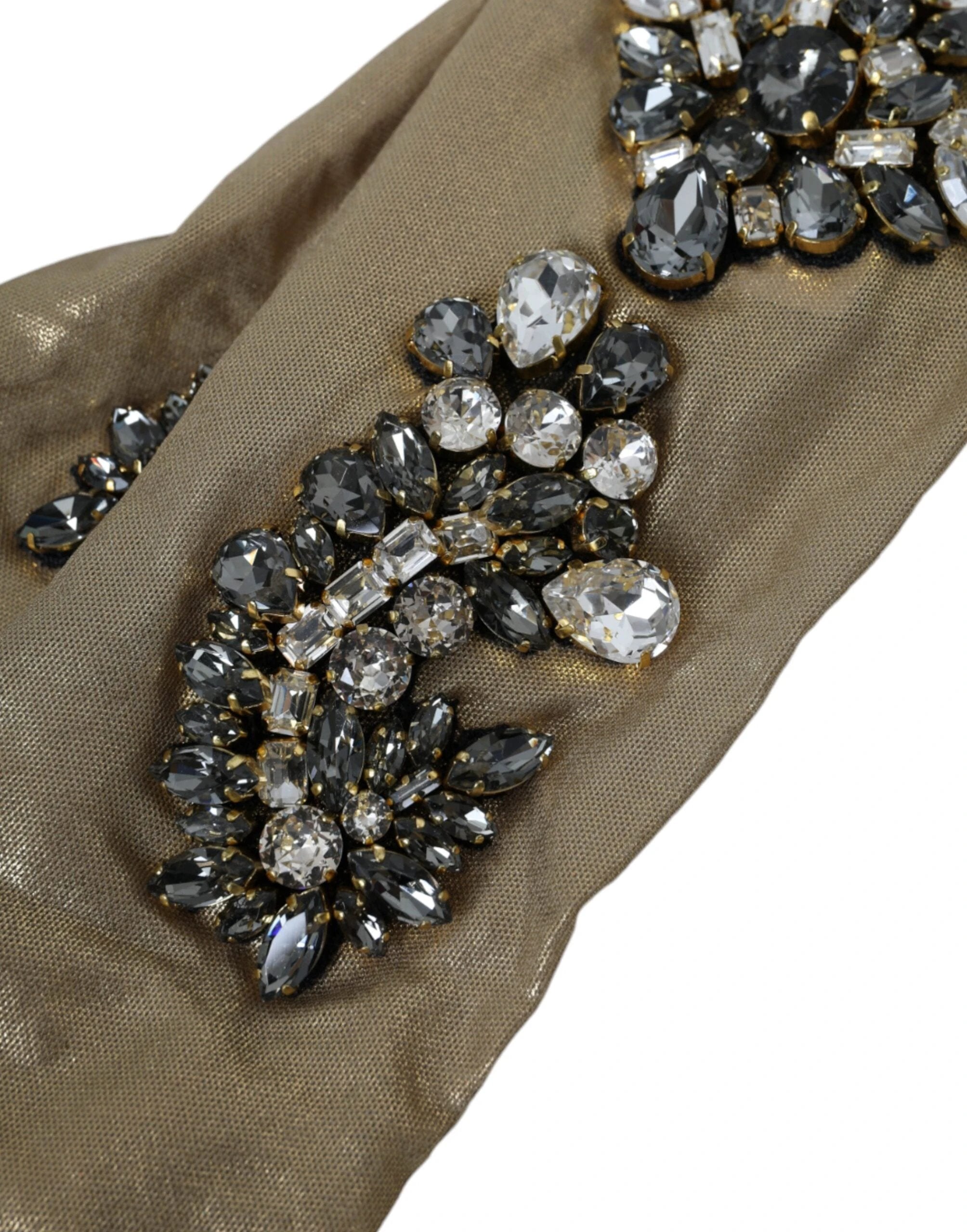 Dolce & Gabbana Beige Satin Crystal Elbow Length Gloves by Dolce & Gabbana