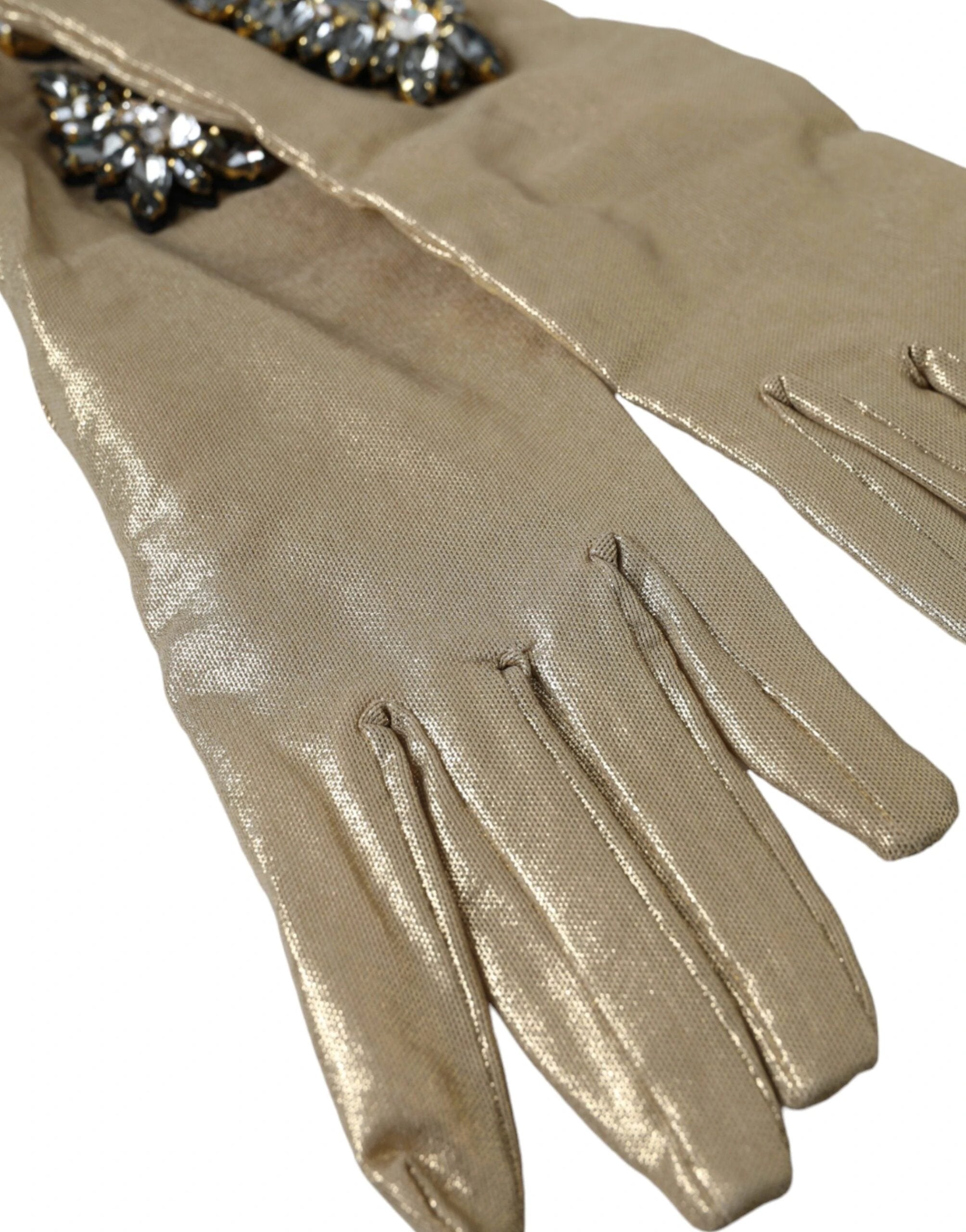 Dolce & Gabbana Beige Satin Crystal Elbow Length Gloves by Dolce & Gabbana