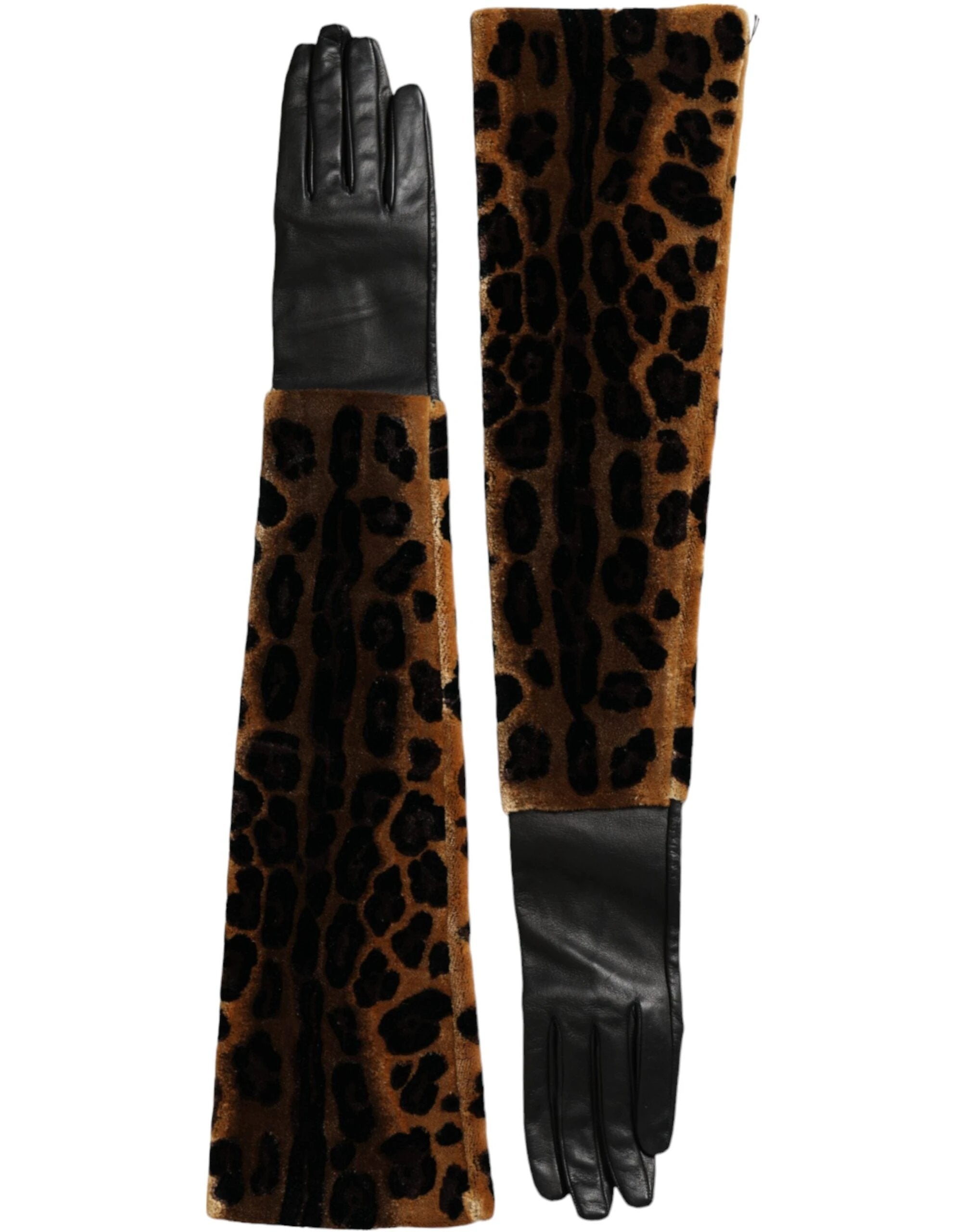 Dolce & Gabbana Brown Black Leopard Leather Elbow Length Gloves by Dolce & Gabbana
