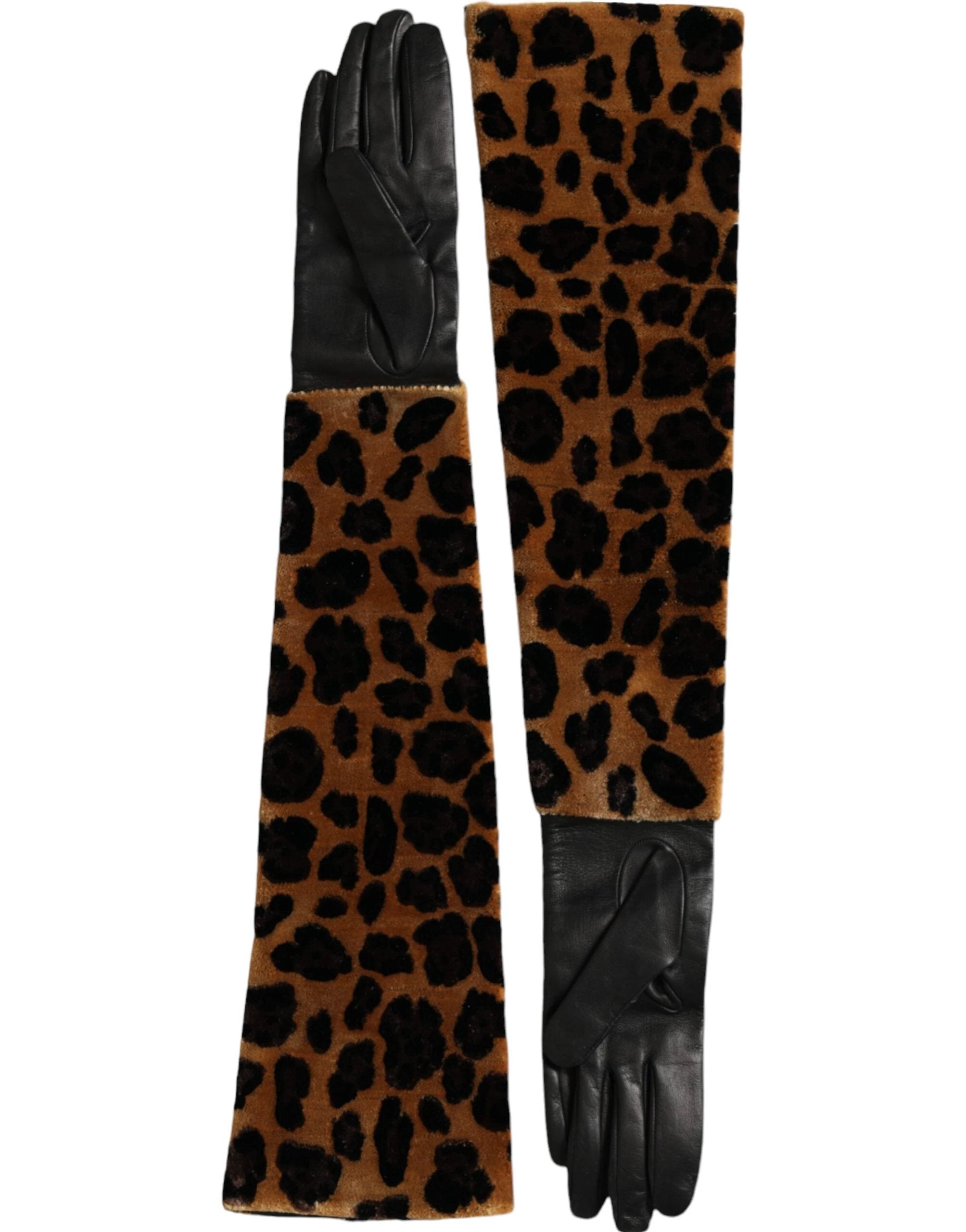 Dolce & Gabbana Brown Black Leopard Leather Elbow Length Gloves by Dolce & Gabbana