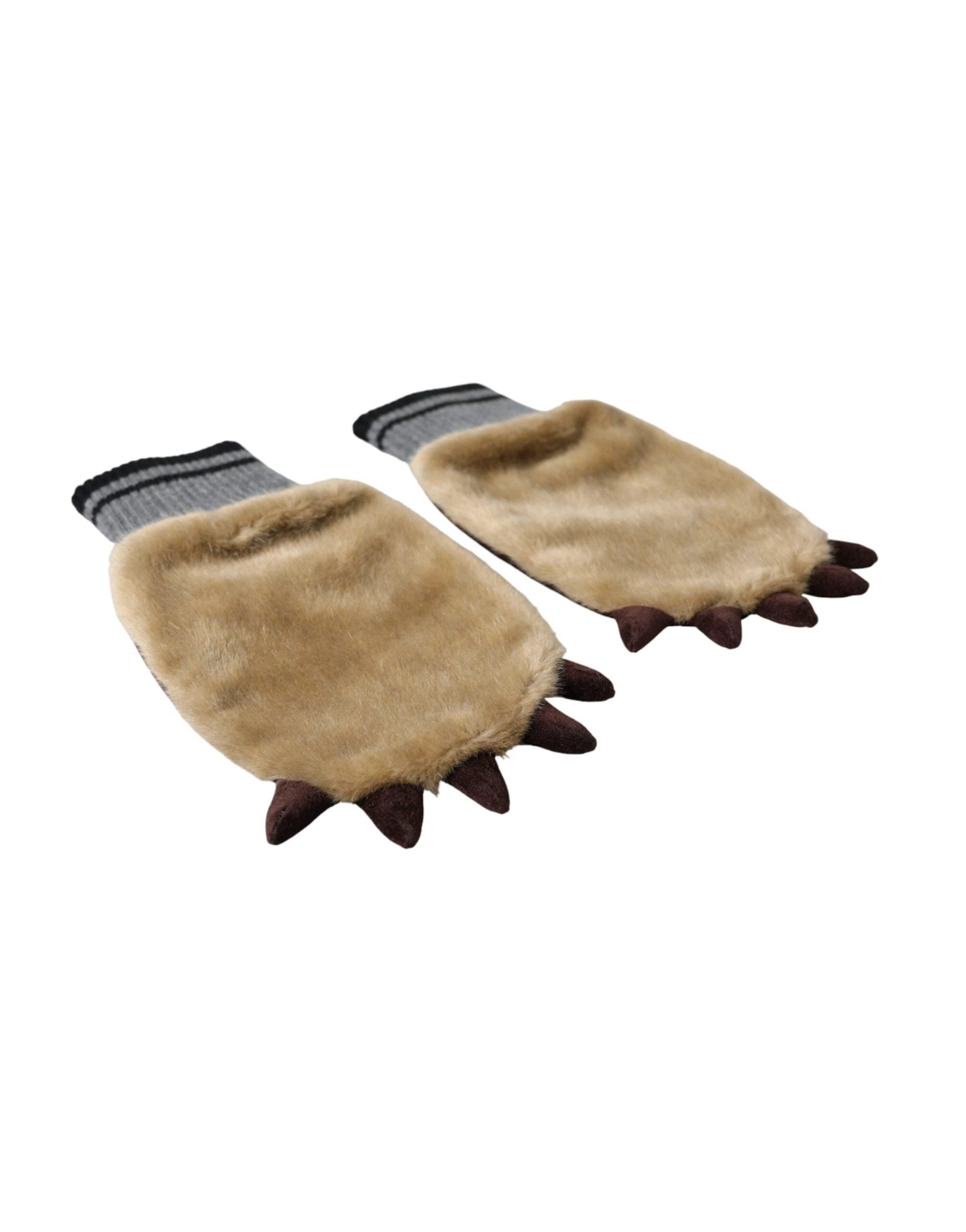 Dolce & Gabbana Beige Acrylic Knitted Fur Wrist Mitten Gloves by Dolce & Gabbana