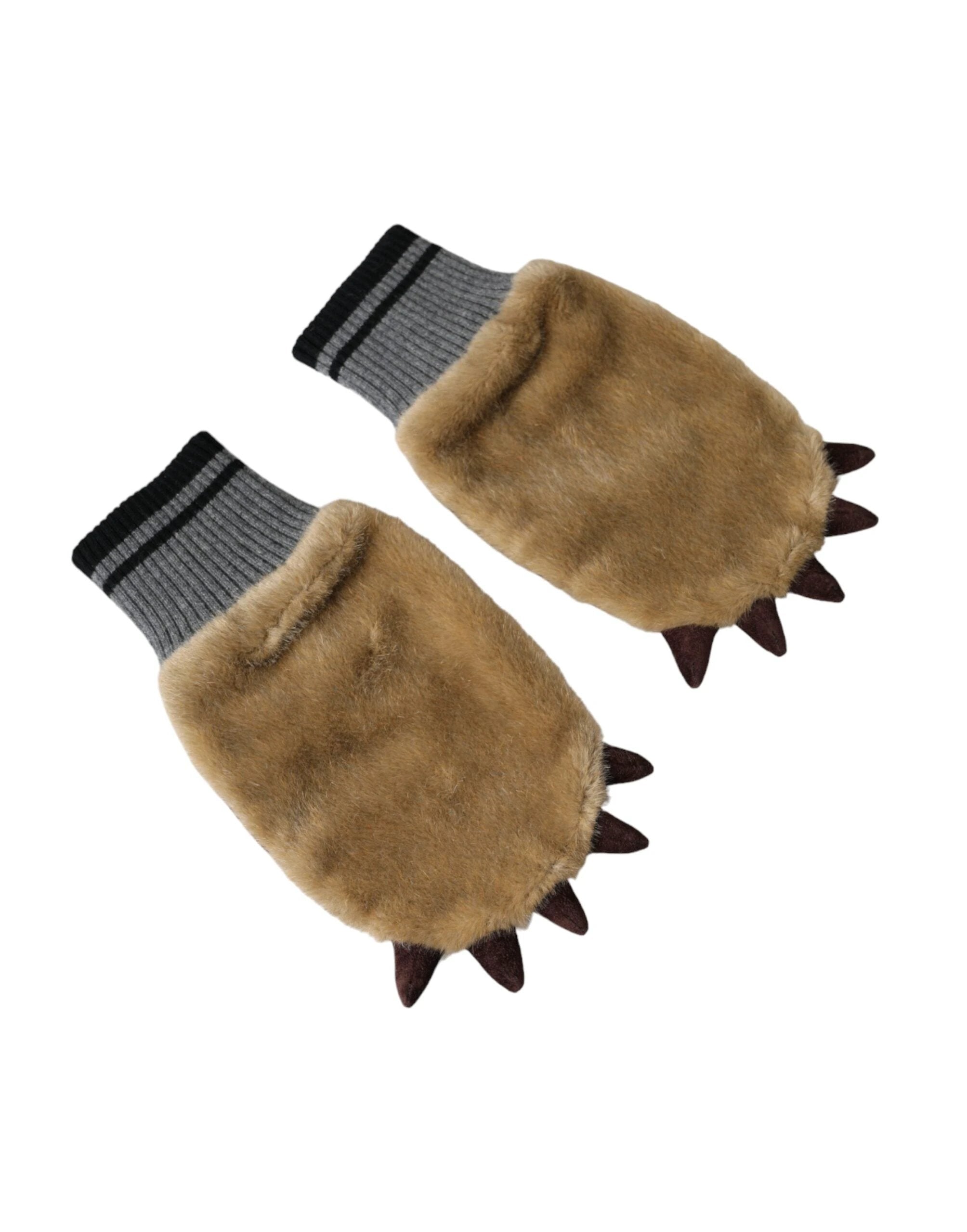 Dolce & Gabbana Beige Acrylic Knitted Fur Wrist Mitten Gloves by Dolce & Gabbana