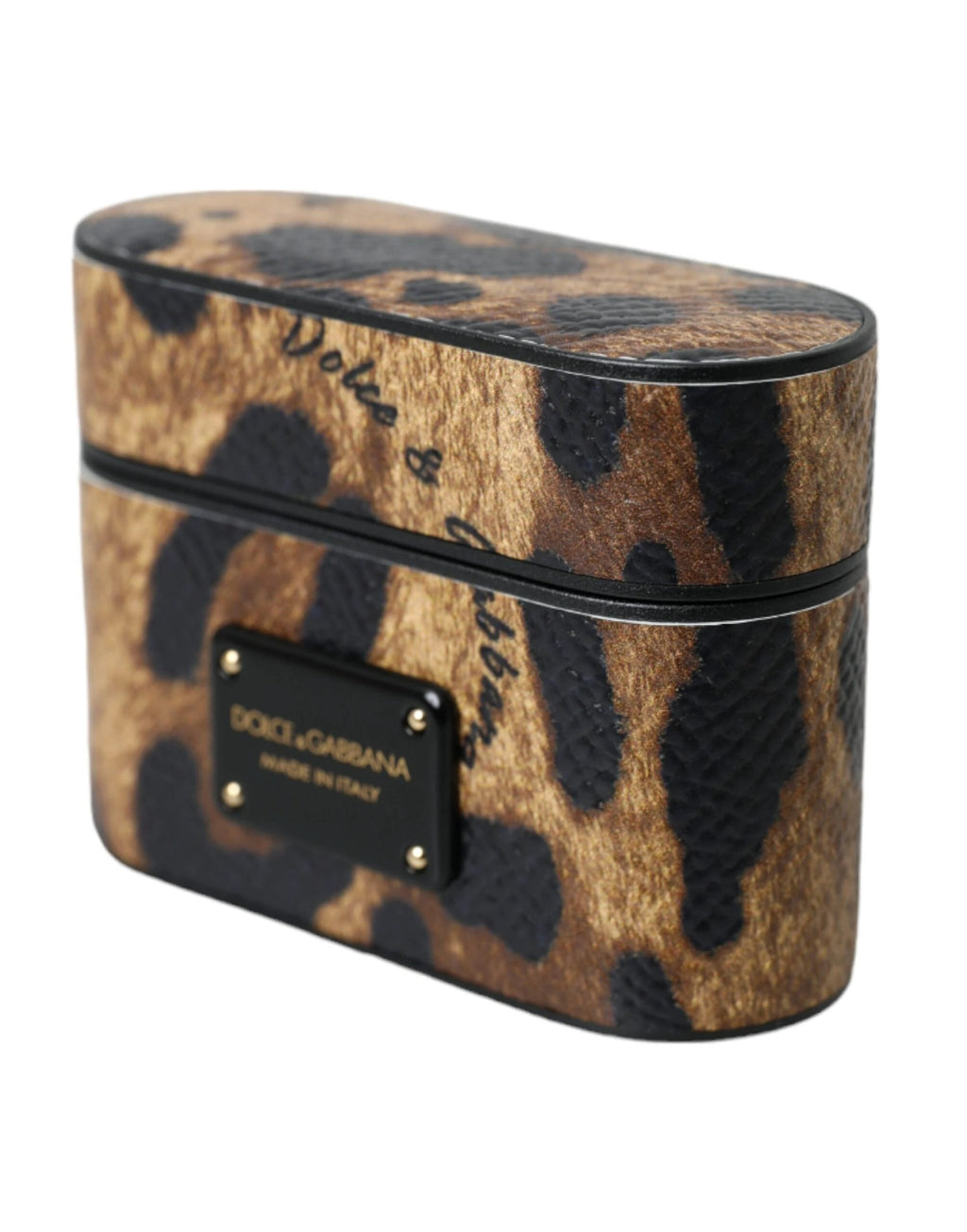 Dolce & Gabbana Brown Leopard Calf Leather Metal Logo Plaque Airpods Case by Dolce & Gabbana