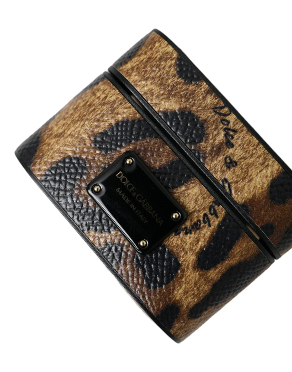 Dolce & Gabbana Brown Leopard Calf Leather Metal Logo Plaque Airpods Case by Dolce & Gabbana