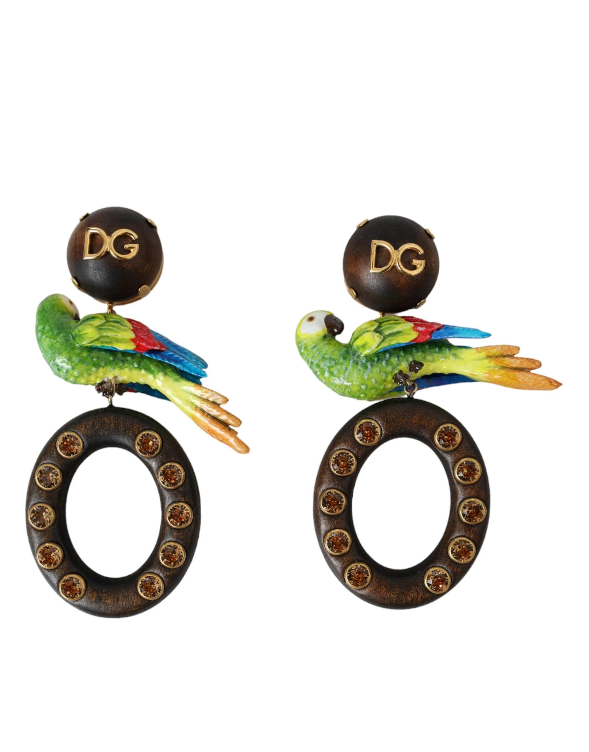 Dolce & Gabbana Multicolor Parrot Wood Brass Crystal Embellished Earrings by Dolce & Gabbana