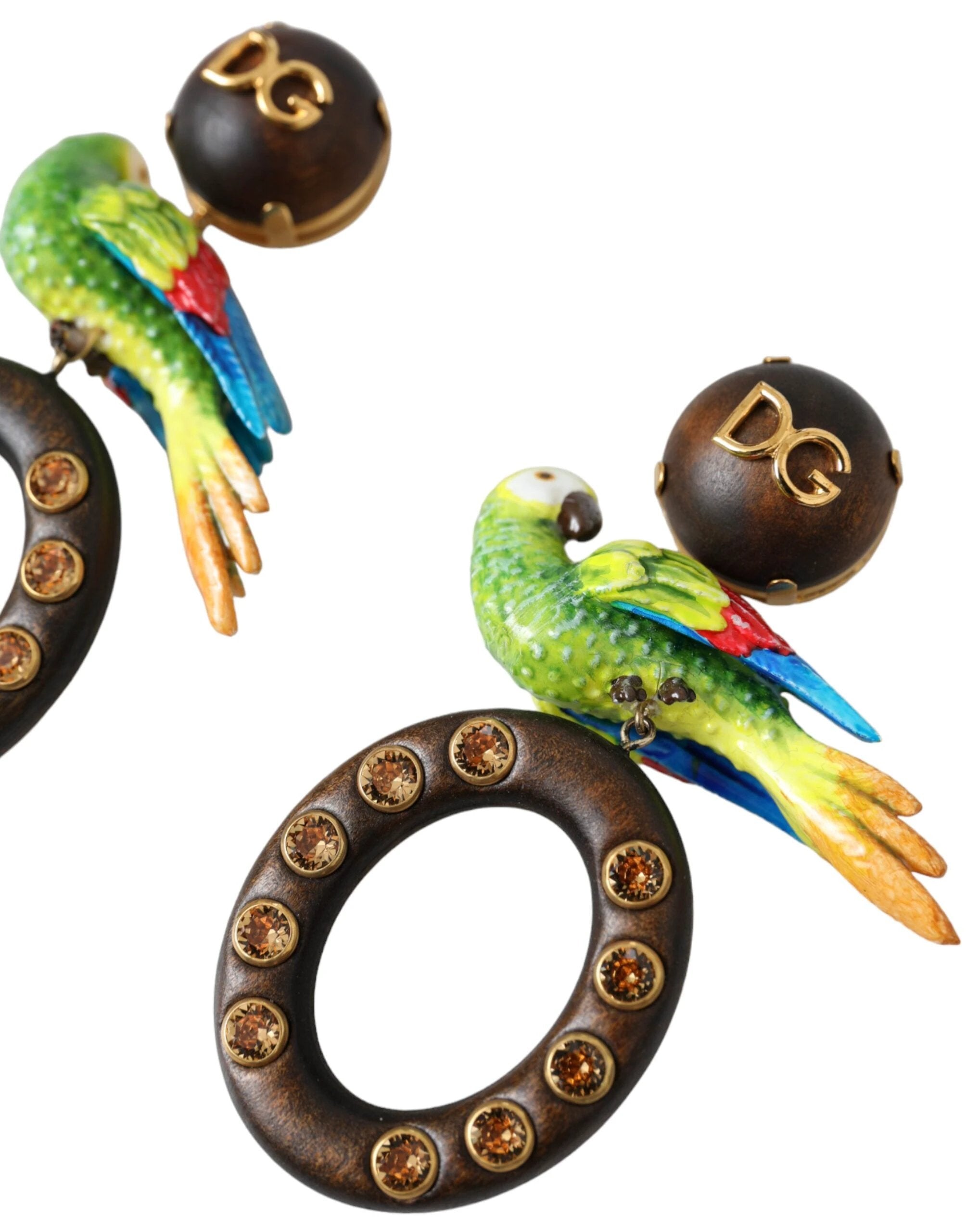 Dolce & Gabbana Multicolor Parrot Wood Brass Crystal Embellished Earrings by Dolce & Gabbana