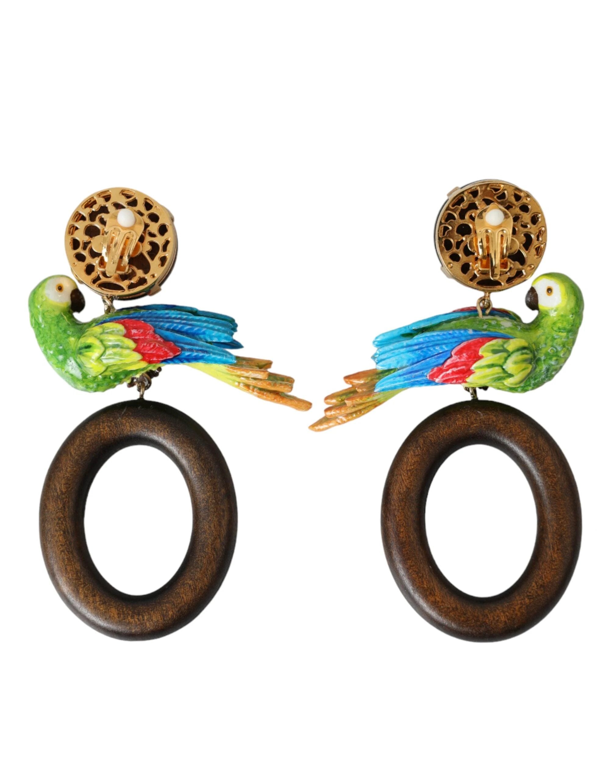 Dolce & Gabbana Multicolor Parrot Wood Brass Crystal Embellished Earrings by Dolce & Gabbana