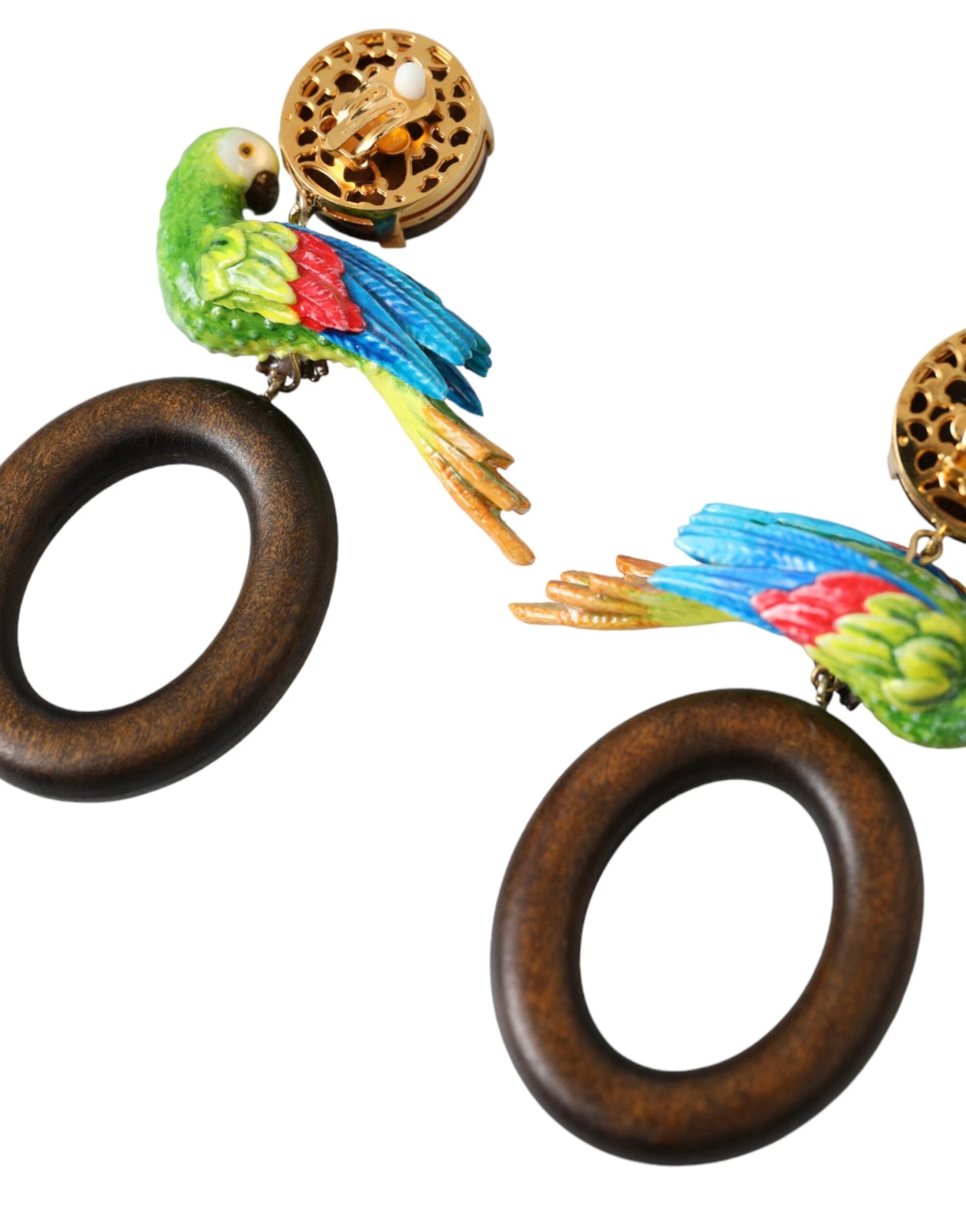 Dolce & Gabbana Multicolor Parrot Wood Brass Crystal Embellished Earrings by Dolce & Gabbana