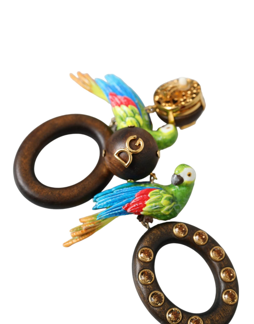 Dolce & Gabbana Multicolor Parrot Wood Brass Crystal Embellished Earrings by Dolce & Gabbana