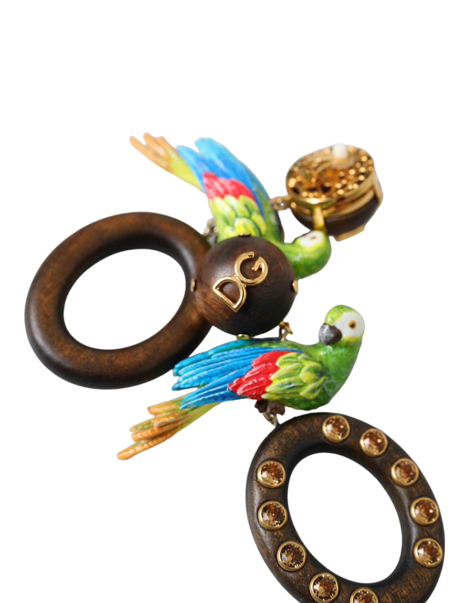 Dolce & Gabbana Multicolor Parrot Wood Brass Crystal Embellished Earrings by Dolce & Gabbana