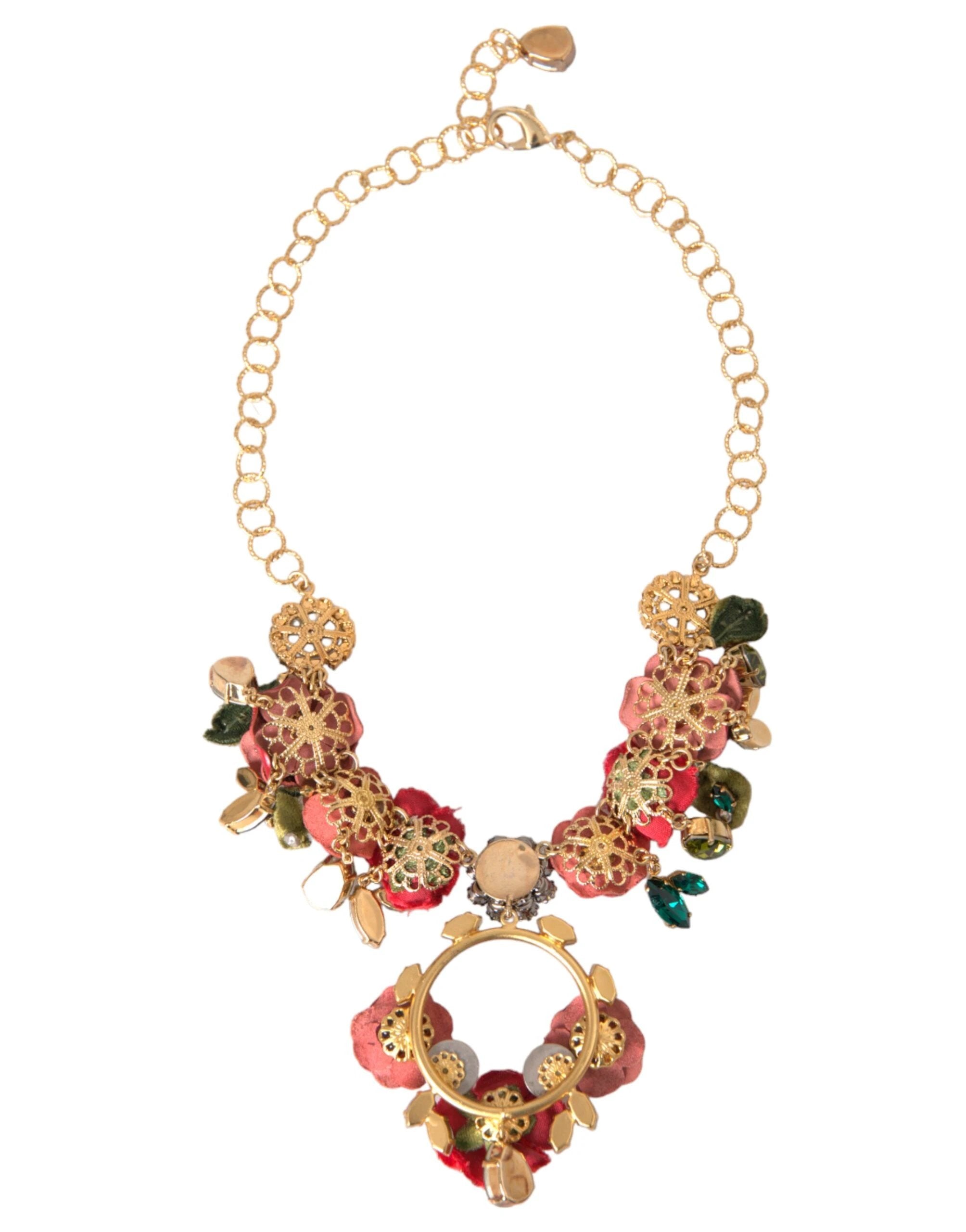 Dolce & Gabbana Gold Brass Link Chain RosePetal Crystal Pendant Necklace by Dolce & Gabbana