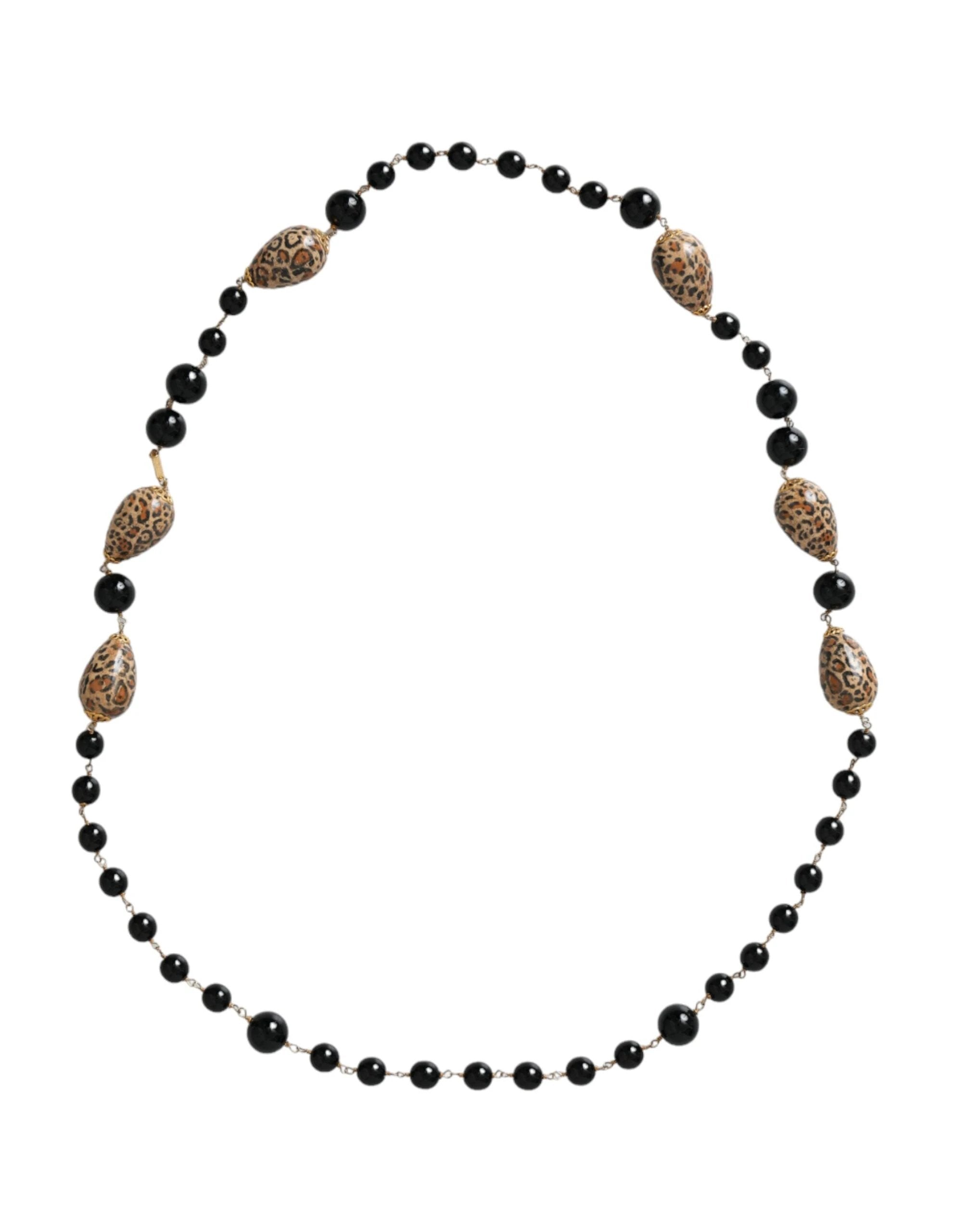 Dolce & Gabbana Gold Tone Brass Black Printed Beaded Long Chain Necklace by Dolce & Gabbana
