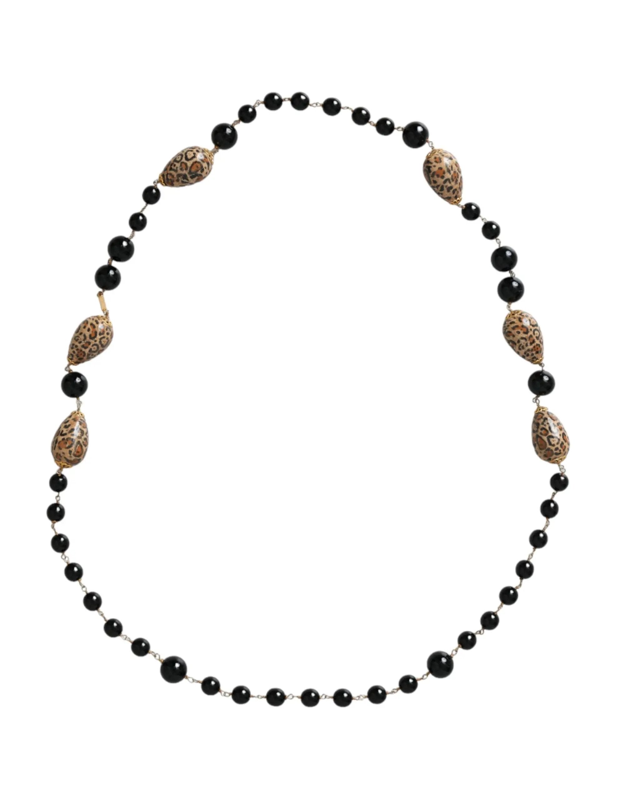 Collier long à perles imprimées noires en laiton doré Dolce &amp; Gabbana