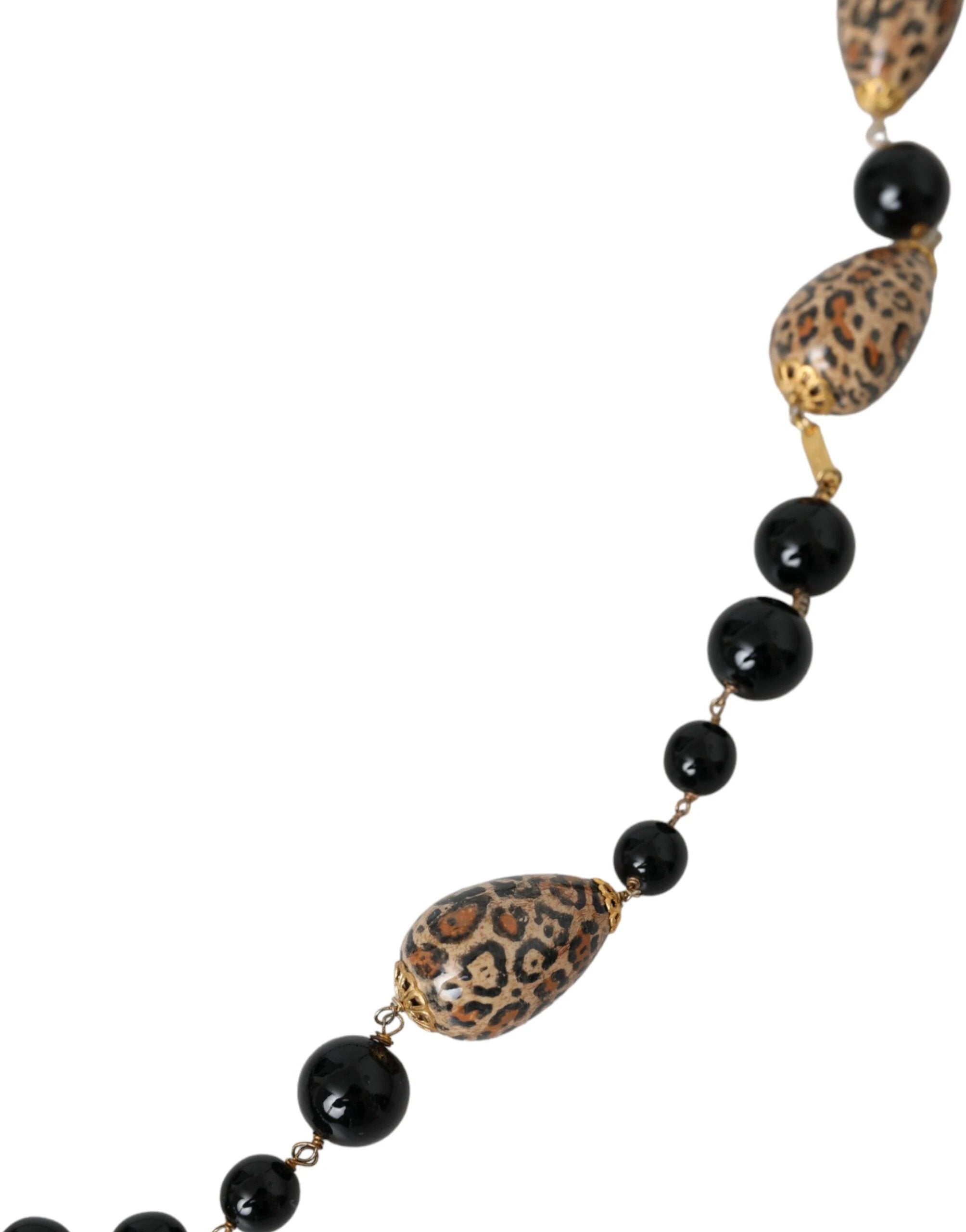 Dolce & Gabbana Gold Tone Brass Black Printed Beaded Long Chain Necklace by Dolce & Gabbana