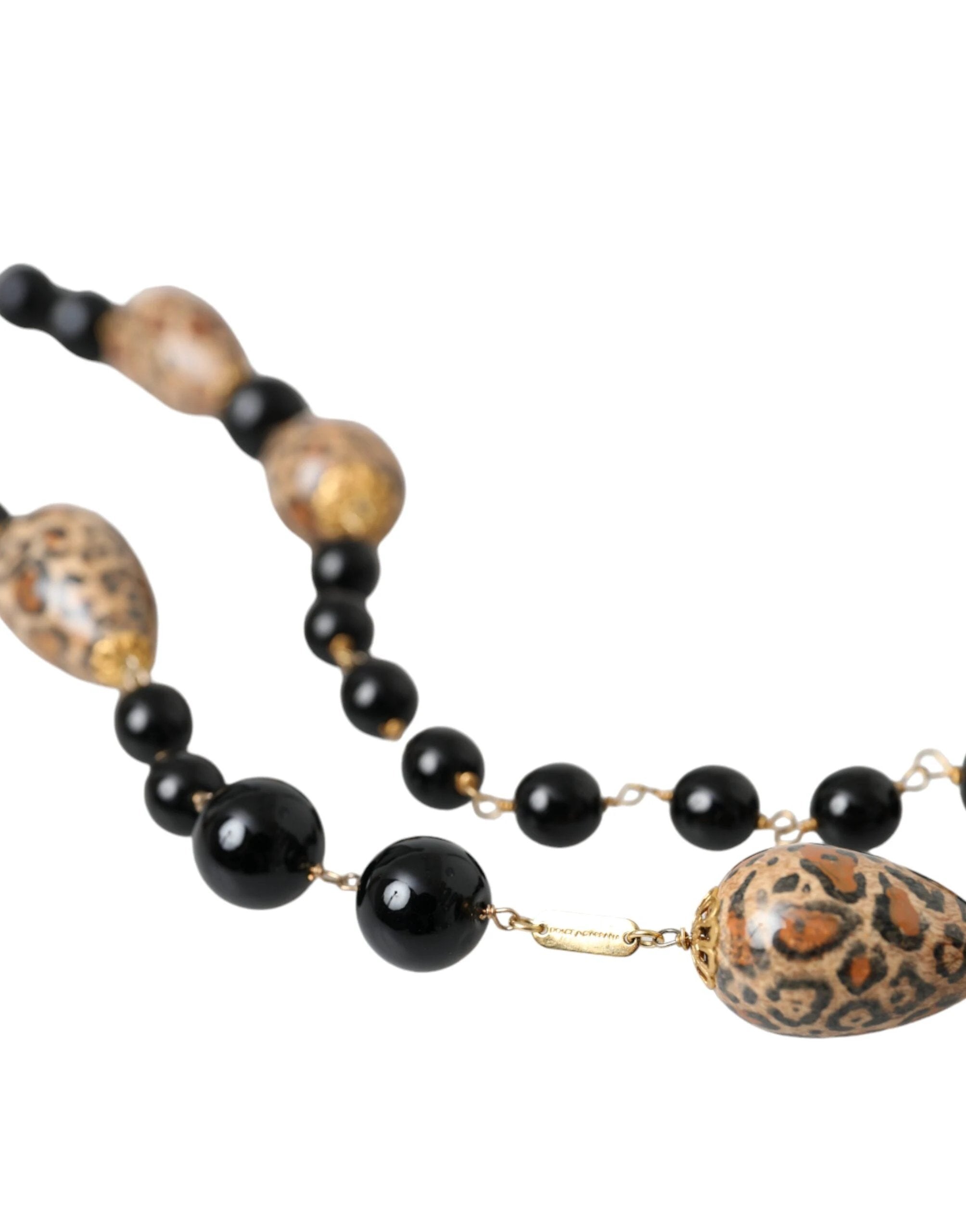 Dolce & Gabbana Gold Tone Brass Black Printed Beaded Long Chain Necklace by Dolce & Gabbana