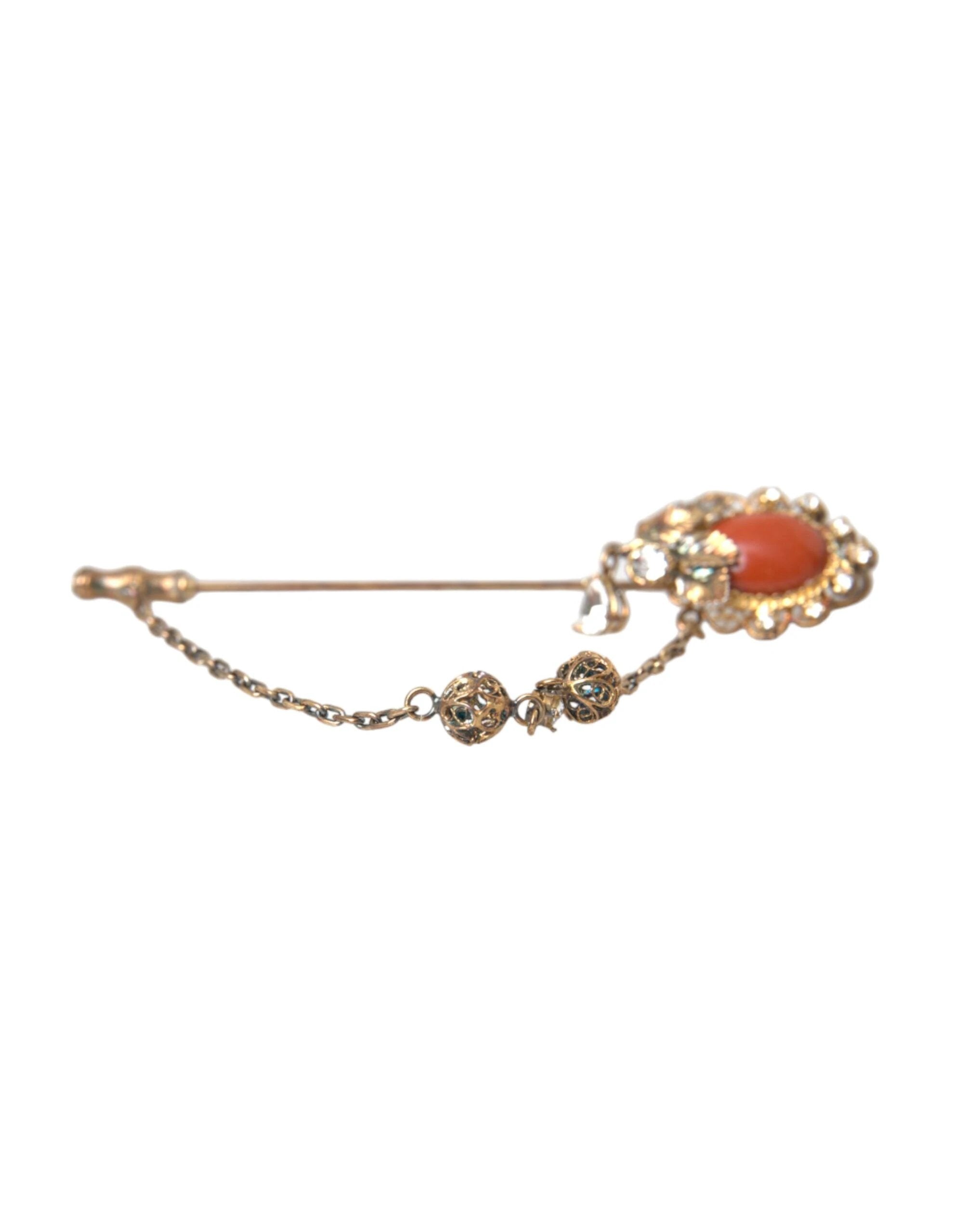 Dolce & Gabbana Gold Brass Crystal Chain 925 Sterling Silver Pin Brooch by Dolce & Gabbana