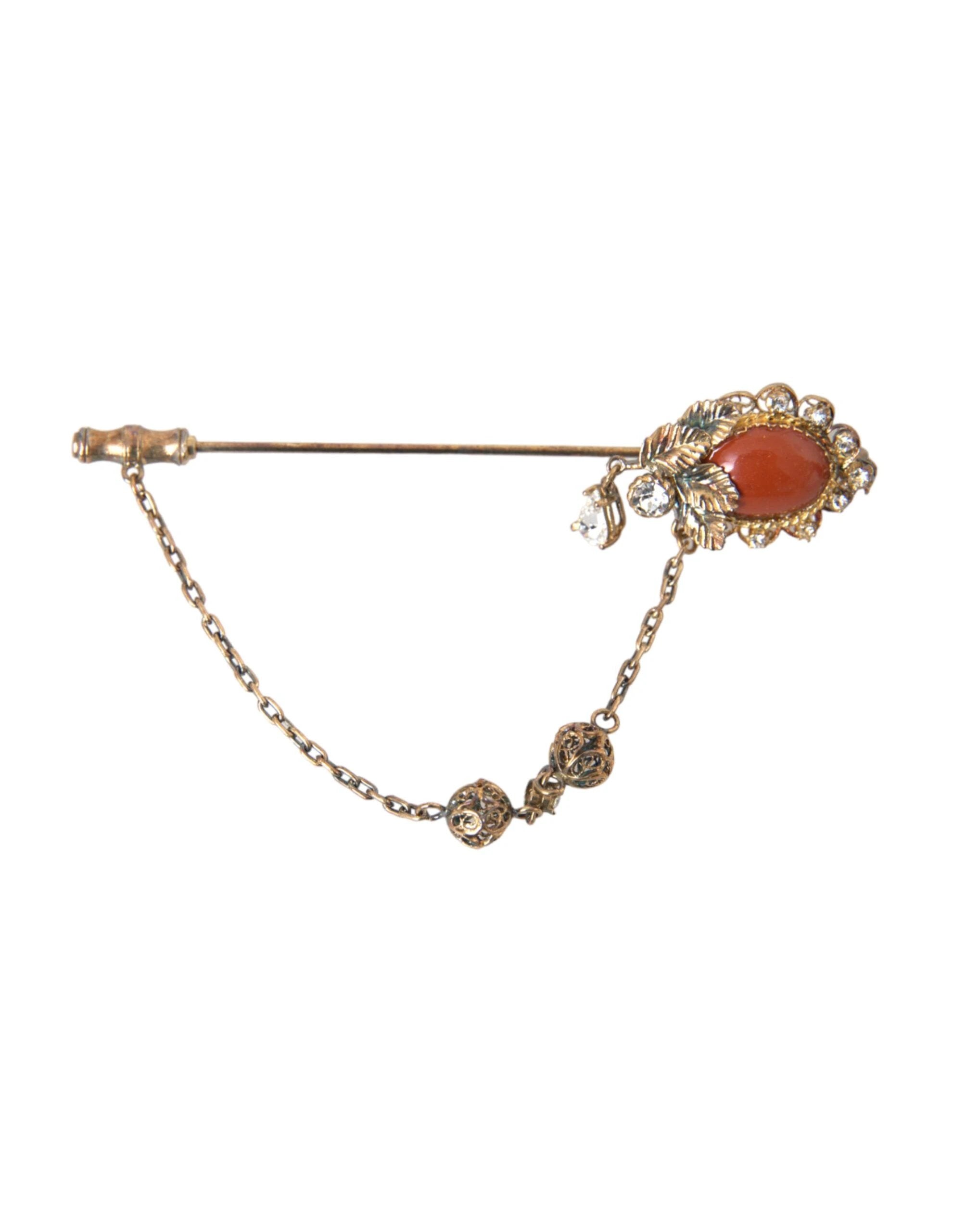 Dolce & Gabbana Gold Brass Crystal Chain 925 Sterling Silver Pin Brooch by Dolce & Gabbana