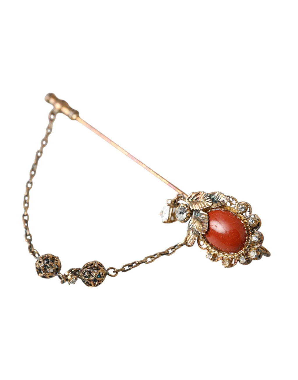 Dolce & Gabbana Gold Brass Crystal Chain 925 Sterling Silver Pin Brooch by Dolce & Gabbana