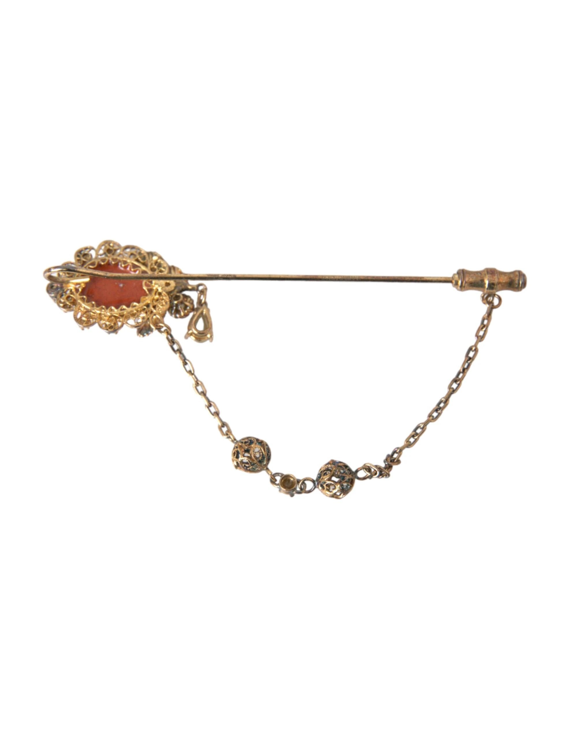 Dolce & Gabbana Gold Brass Crystal Chain 925 Sterling Silver Pin Brooch by Dolce & Gabbana