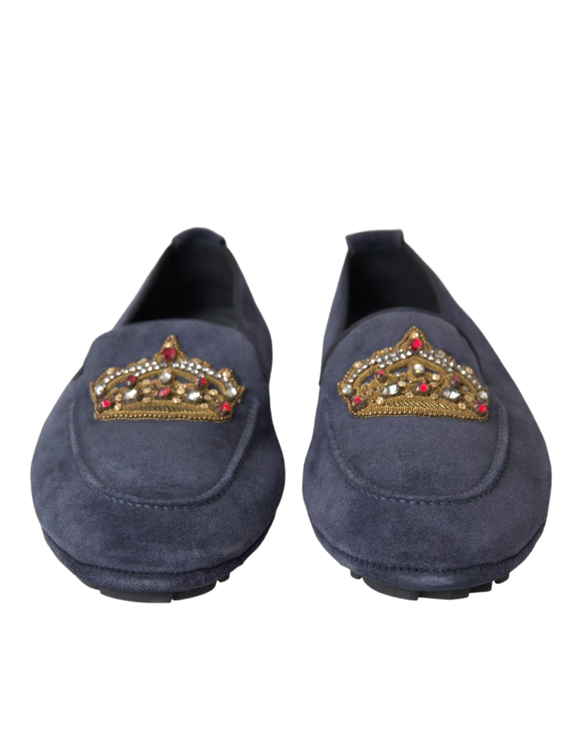 Dolce & Gabbana Blue Leather Suede Crystal Crown Loafers Shoes by Dolce & Gabbana