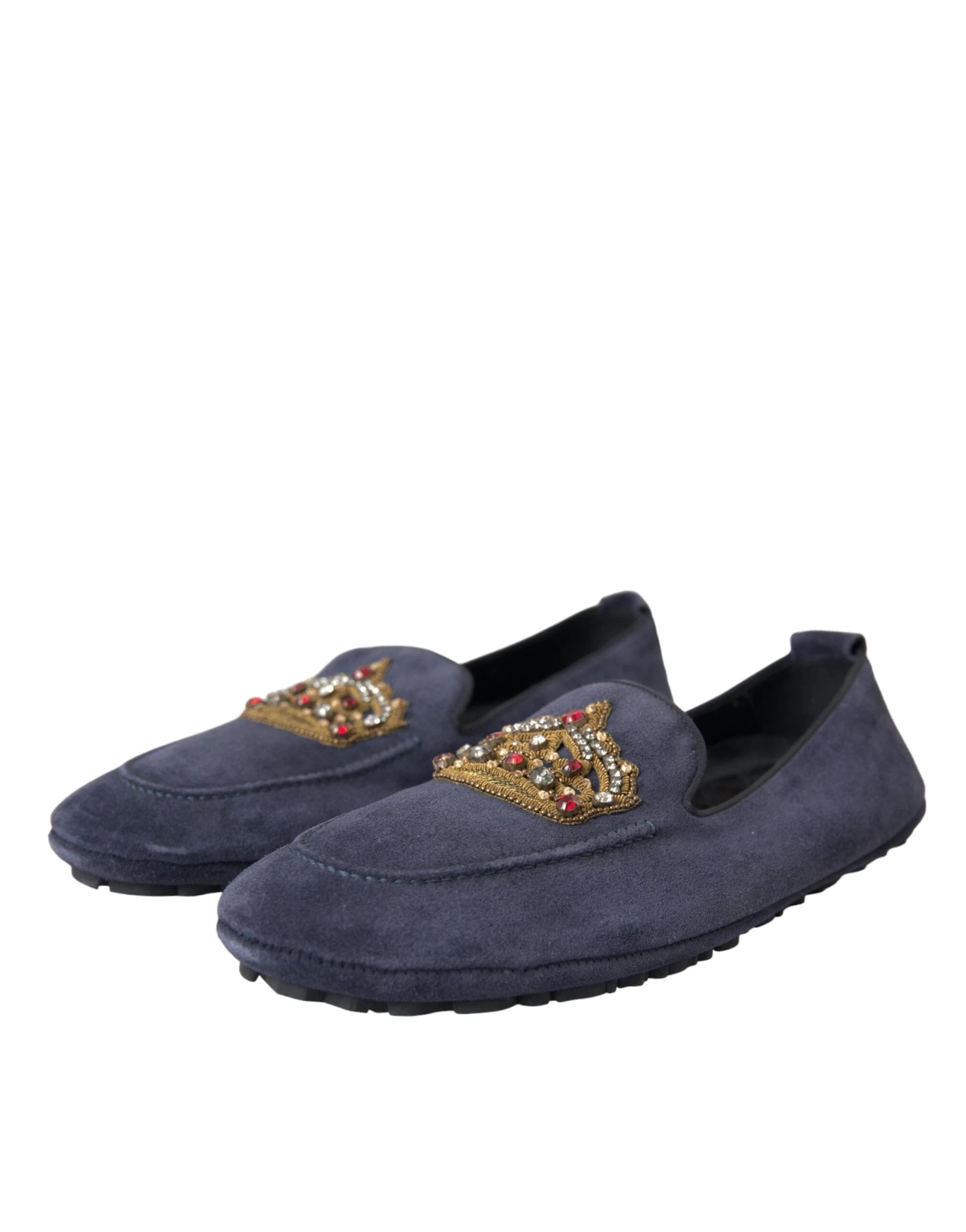 Dolce & Gabbana Blue Leather Suede Crystal Crown Loafers Shoes by Dolce & Gabbana
