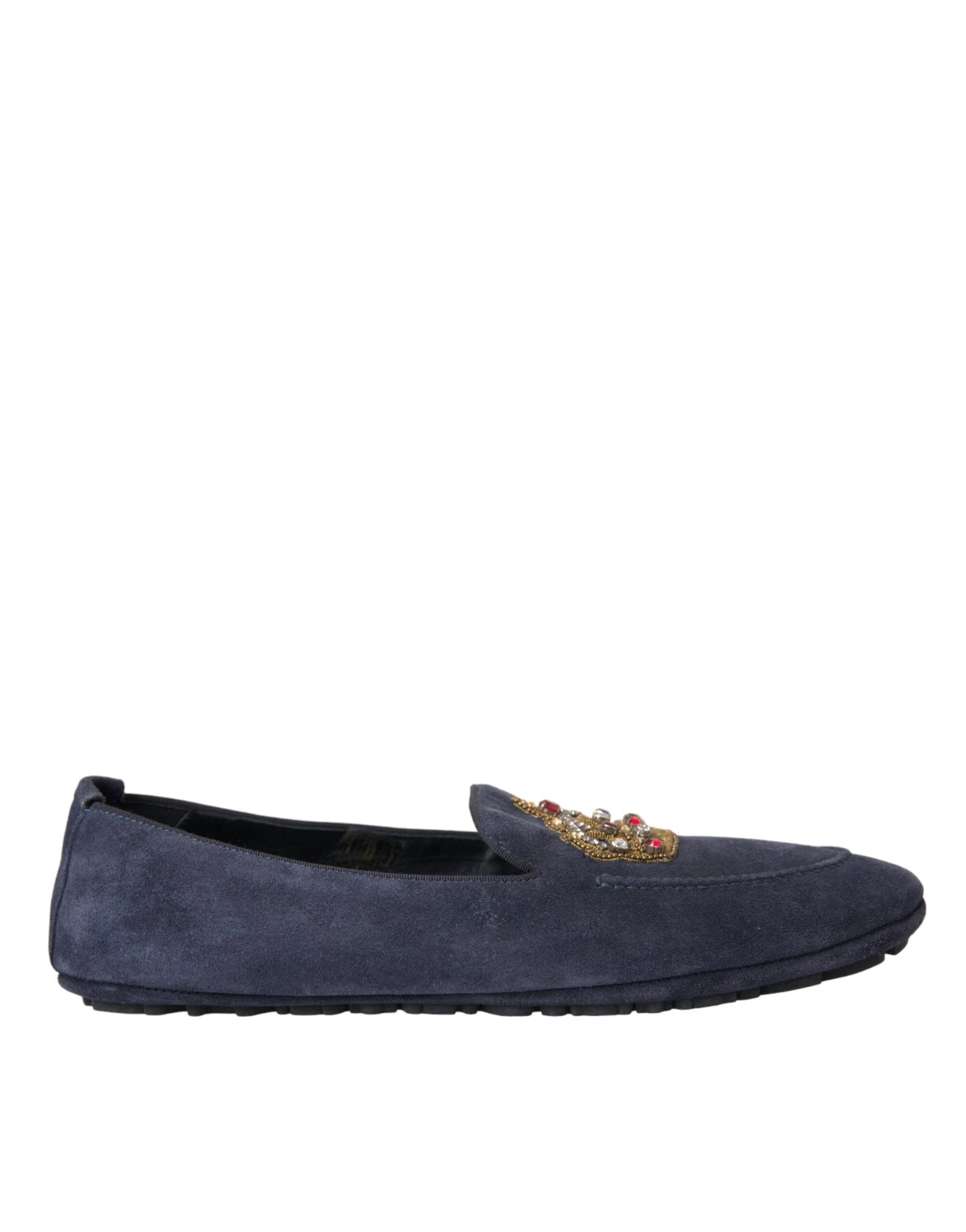 Dolce & Gabbana Blue Leather Suede Crystal Crown Loafers Shoes by Dolce & Gabbana