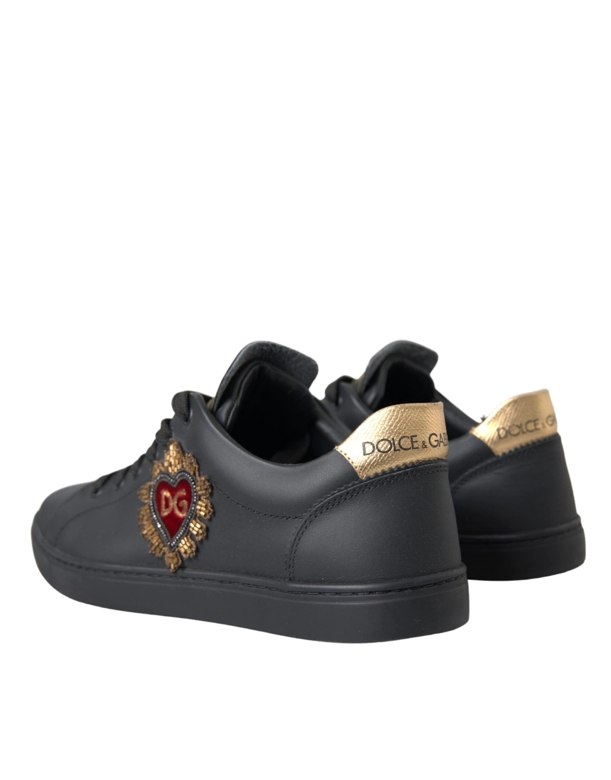 Dolce & Gabbana Black Leather Heart Embellished Sneakers Shoes by Dolce & Gabbana
