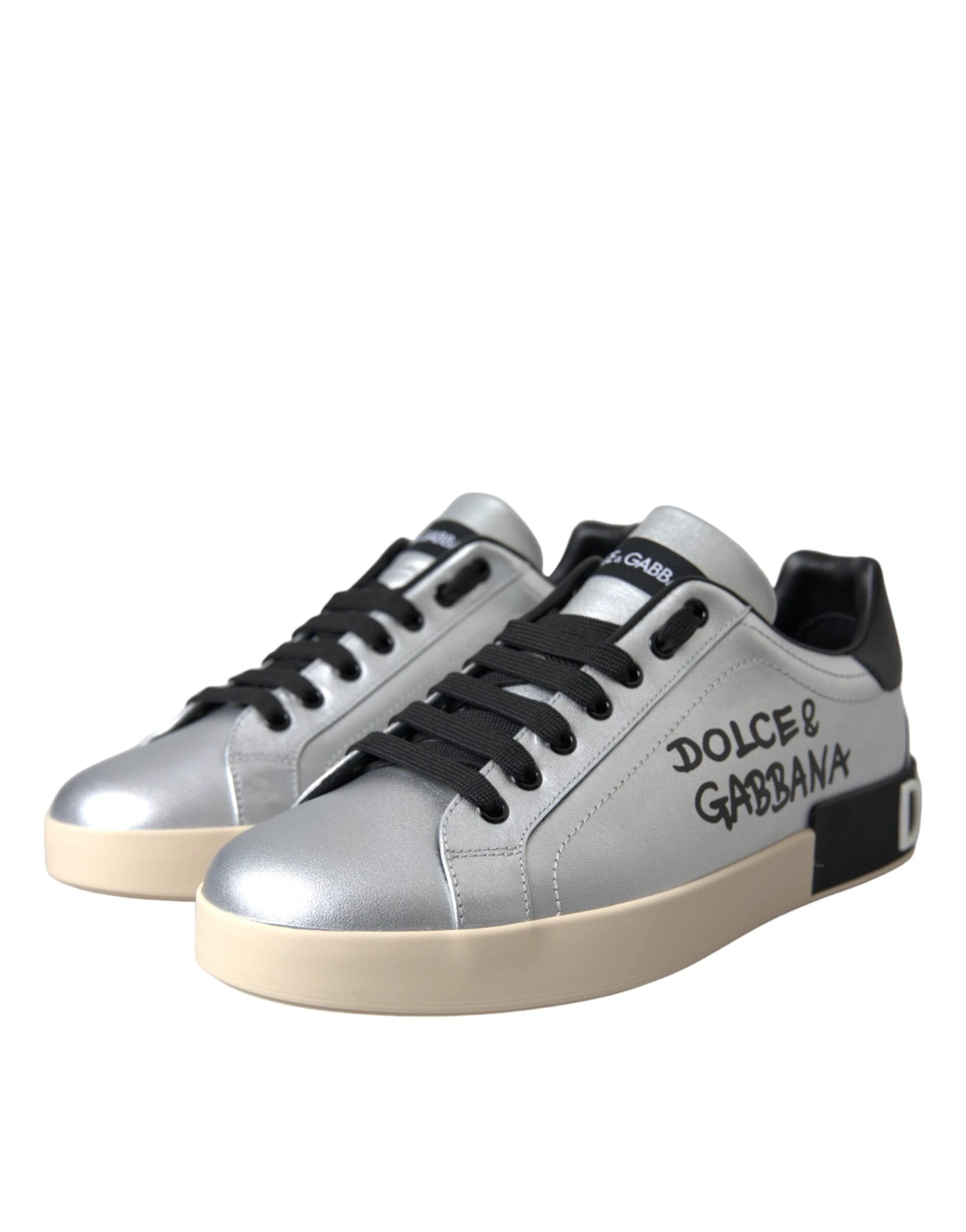 Dolce & Gabbana Silver Portofino Calf Leather Sneakers Men Shoes by Dolce & Gabbana