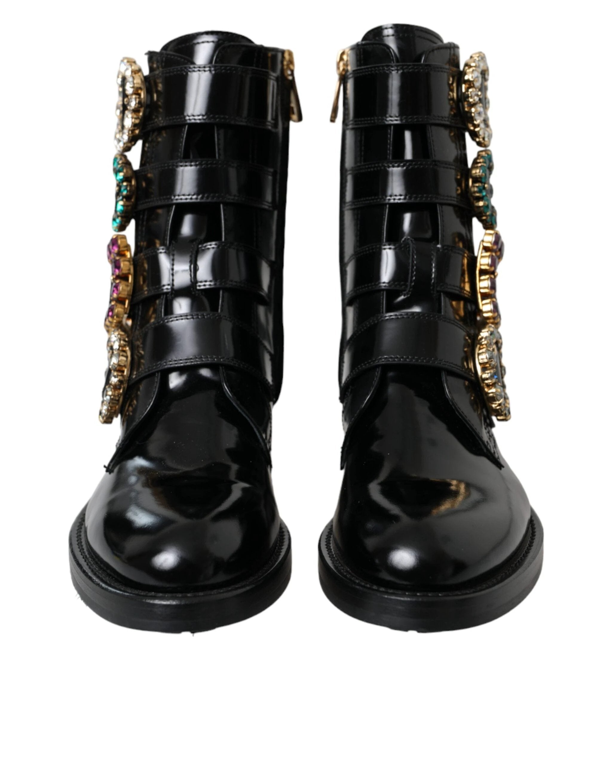 Dolce & Gabbana Black Leather Crystal Buckles Boots Shoes by Dolce & Gabbana