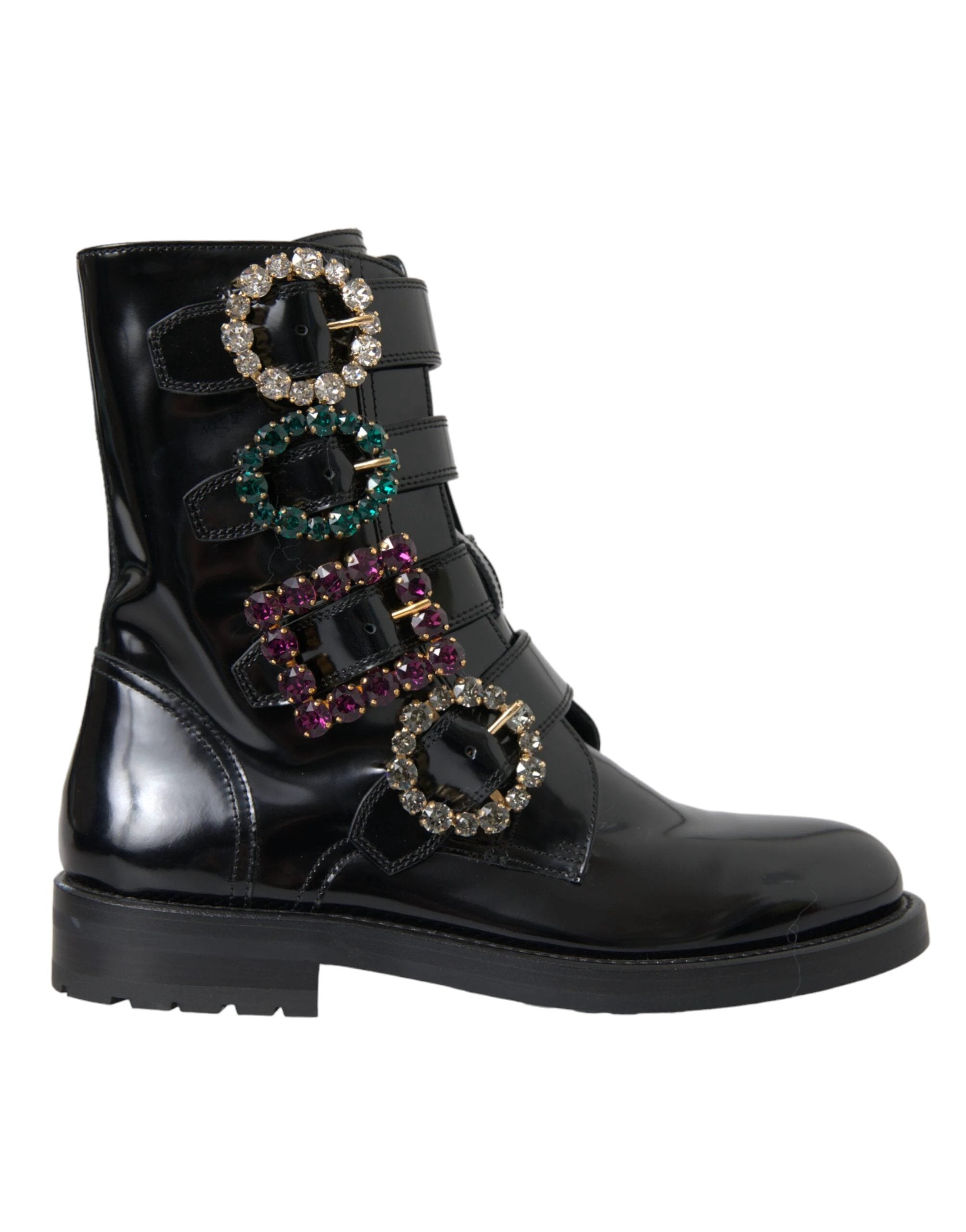 Dolce & Gabbana Black Leather Crystal Buckles Boots Shoes by Dolce & Gabbana
