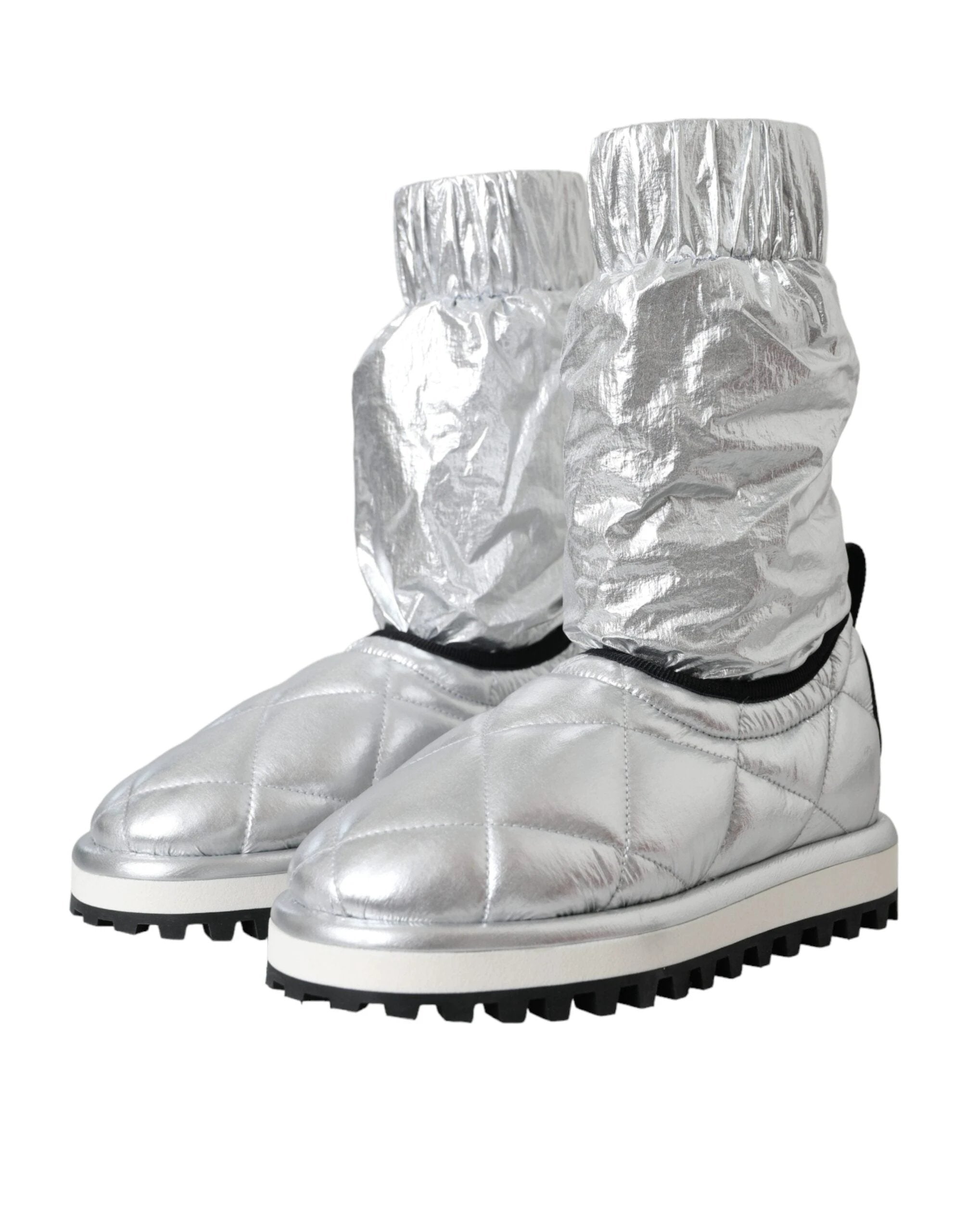 Dolce & Gabbana Metallic Silver Quilted Logo Patch Boot Shoes by Dolce & Gabbana
