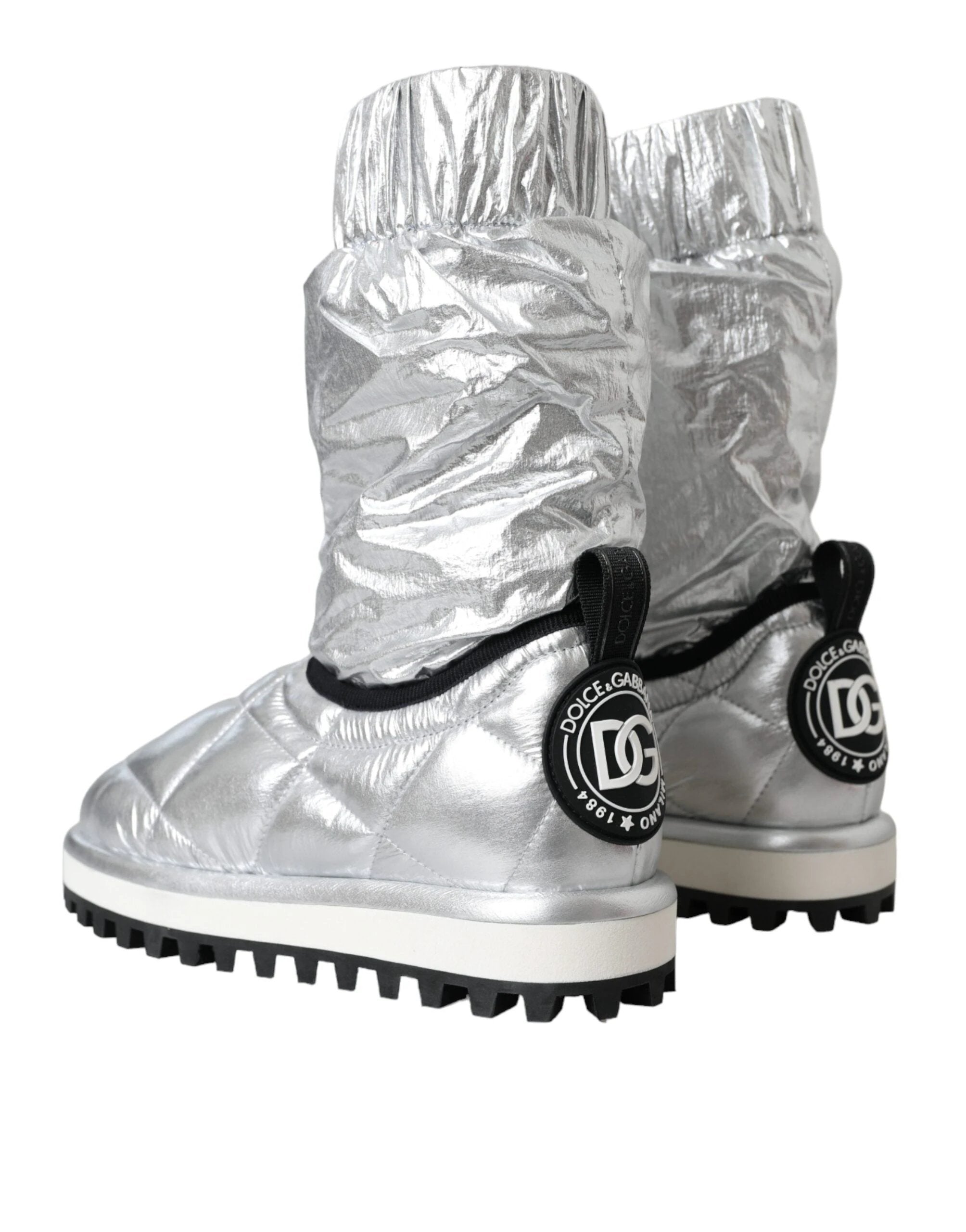 Dolce & Gabbana Metallic Silver Quilted Logo Patch Boot Shoes by Dolce & Gabbana