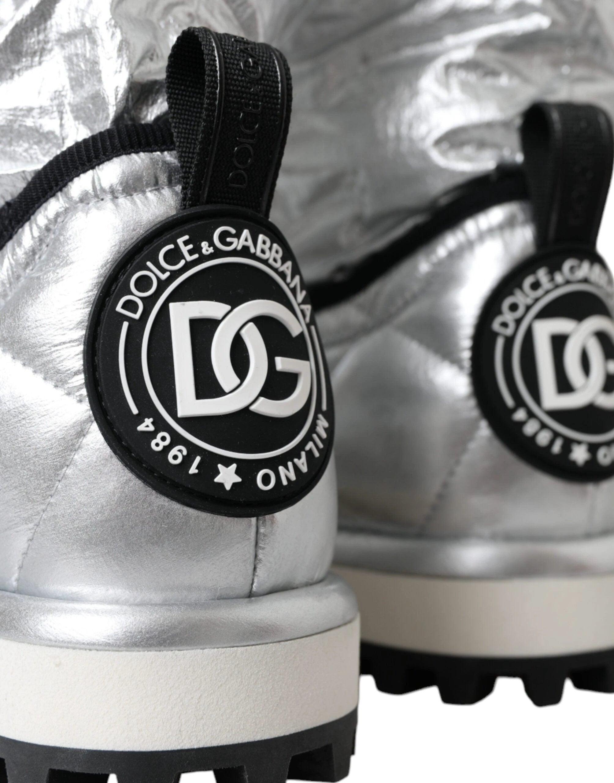 Dolce & Gabbana Metallic Silver Quilted Logo Patch Boot Shoes by Dolce & Gabbana