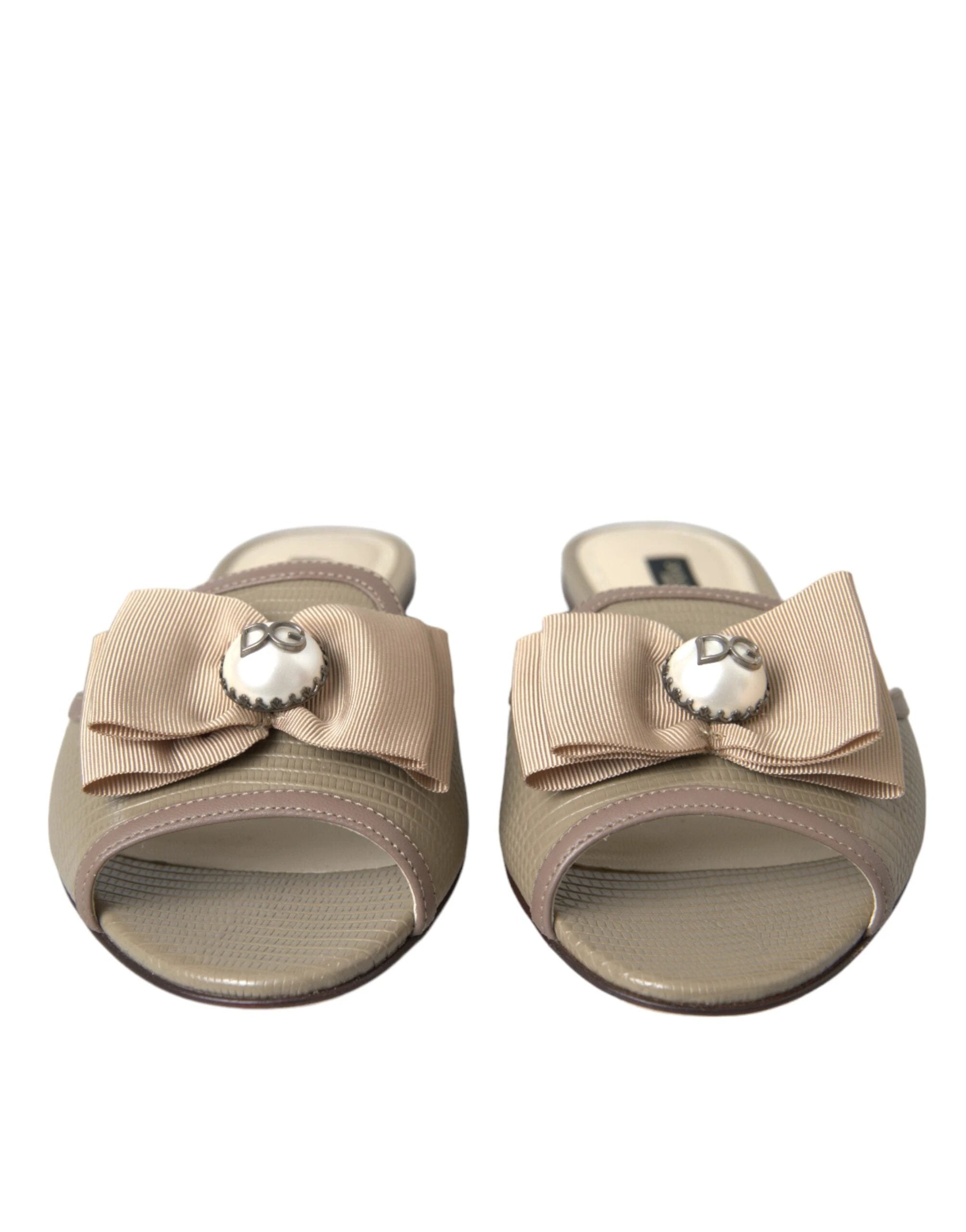 Dolce & Gabbana Beige Logo Pearl Flats Sandals Slides Shoes by Dolce & Gabbana