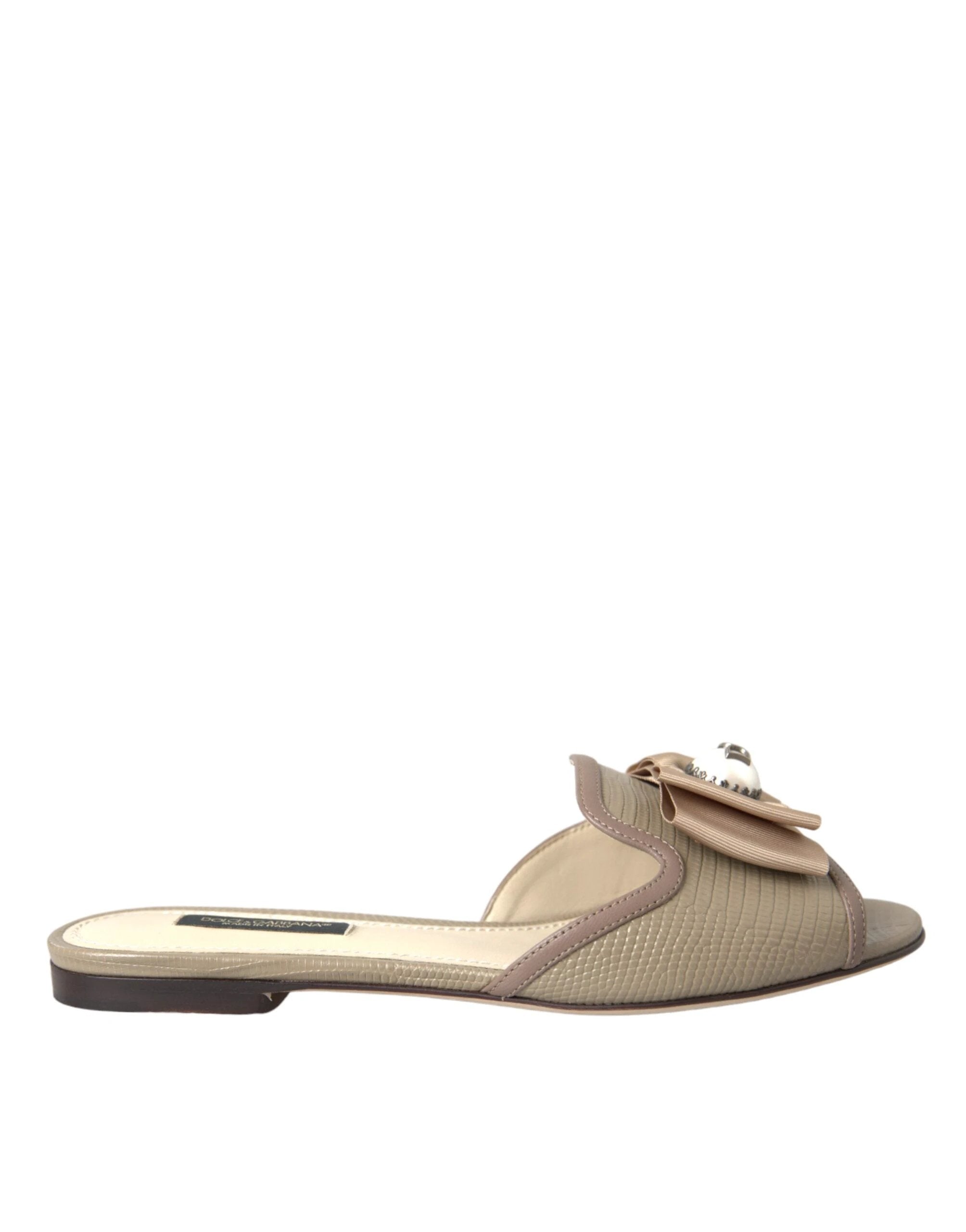 Dolce & Gabbana Beige Logo Pearl Flats Sandals Slides Shoes by Dolce & Gabbana