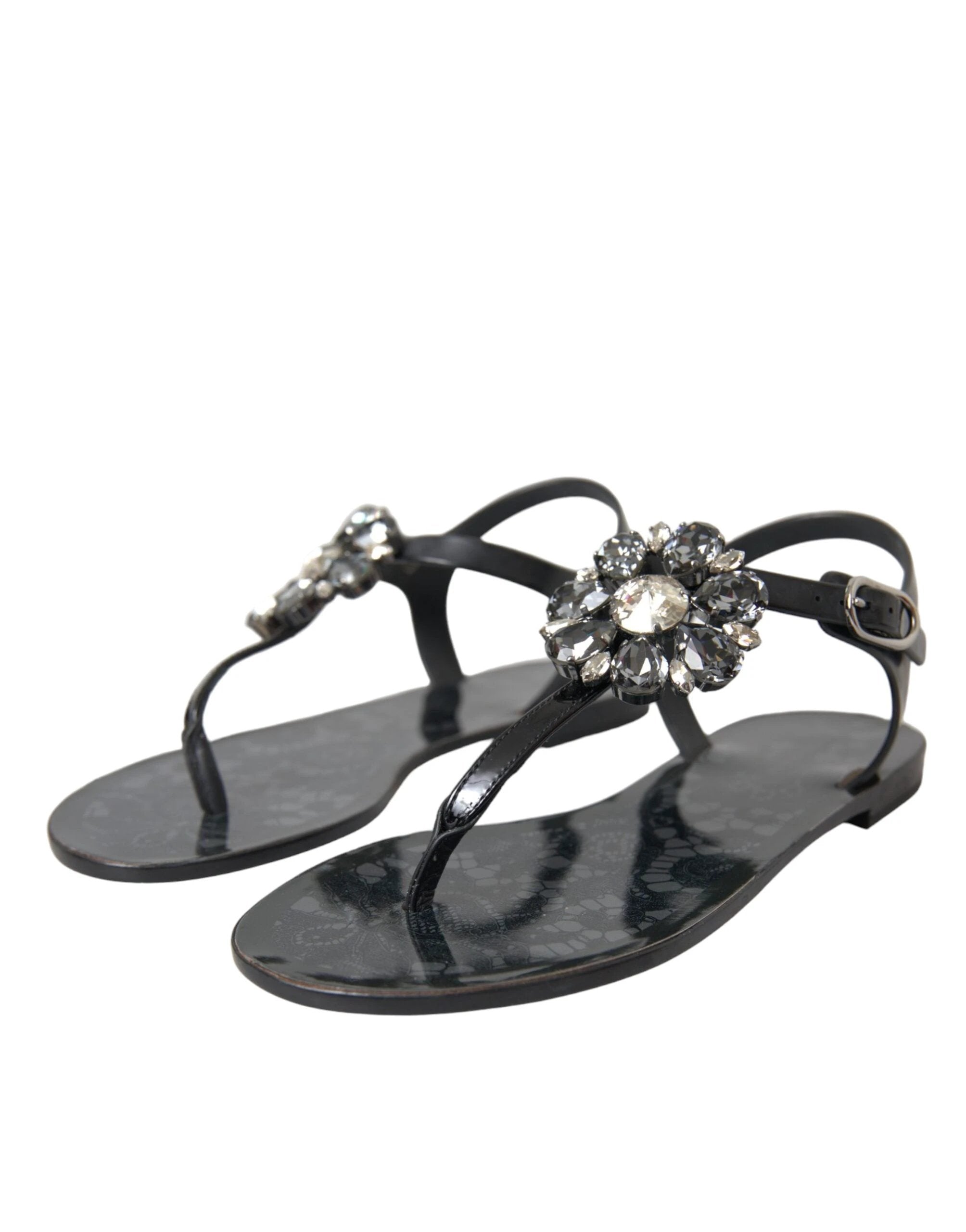 Dolce & Gabbana Black Crystal Flats Sandals Flip Flops Shoes by Dolce & Gabbana