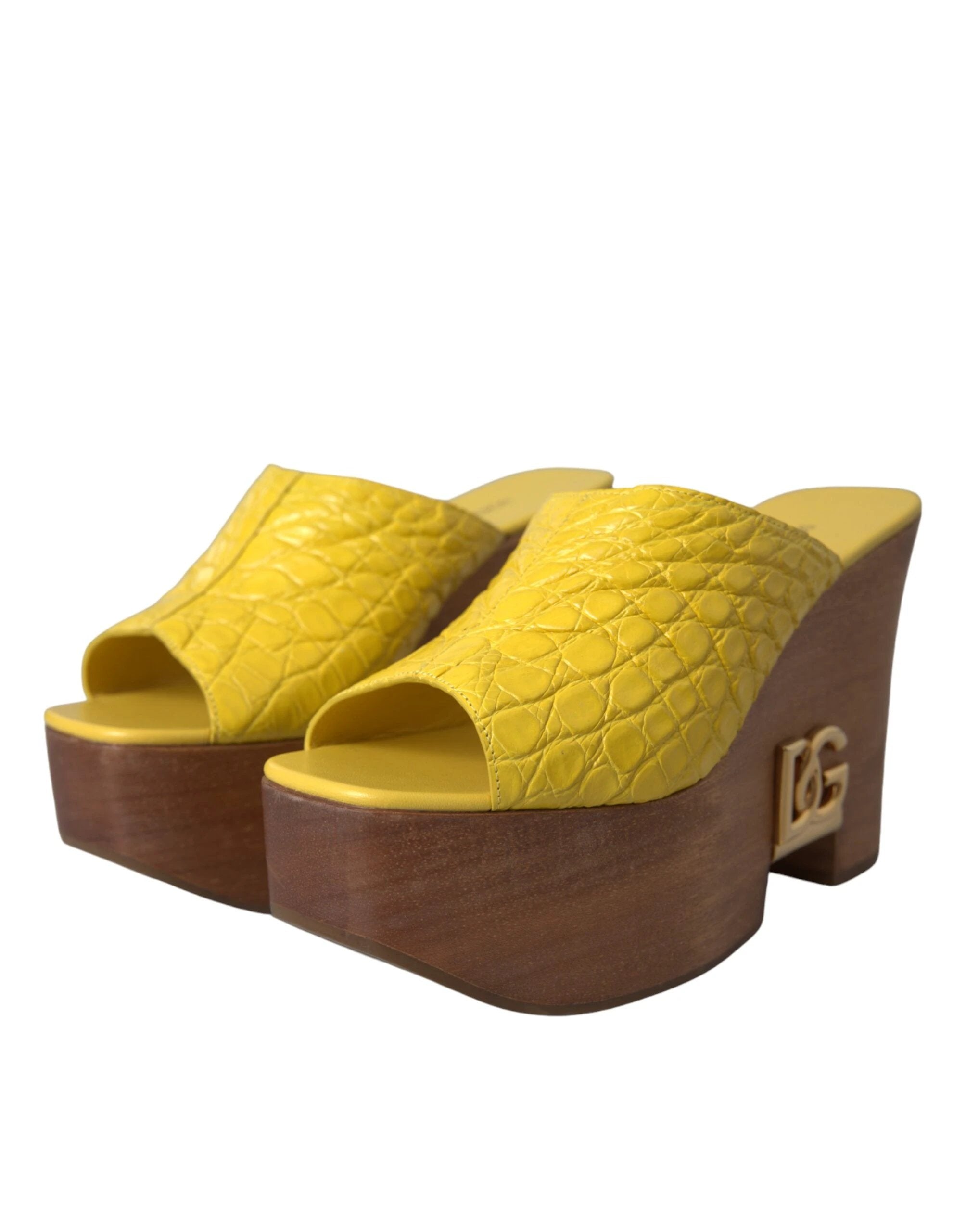 Dolce & Gabbana Yellow Leather Wood Mule Wedge Slides Shoes by Dolce & Gabbana