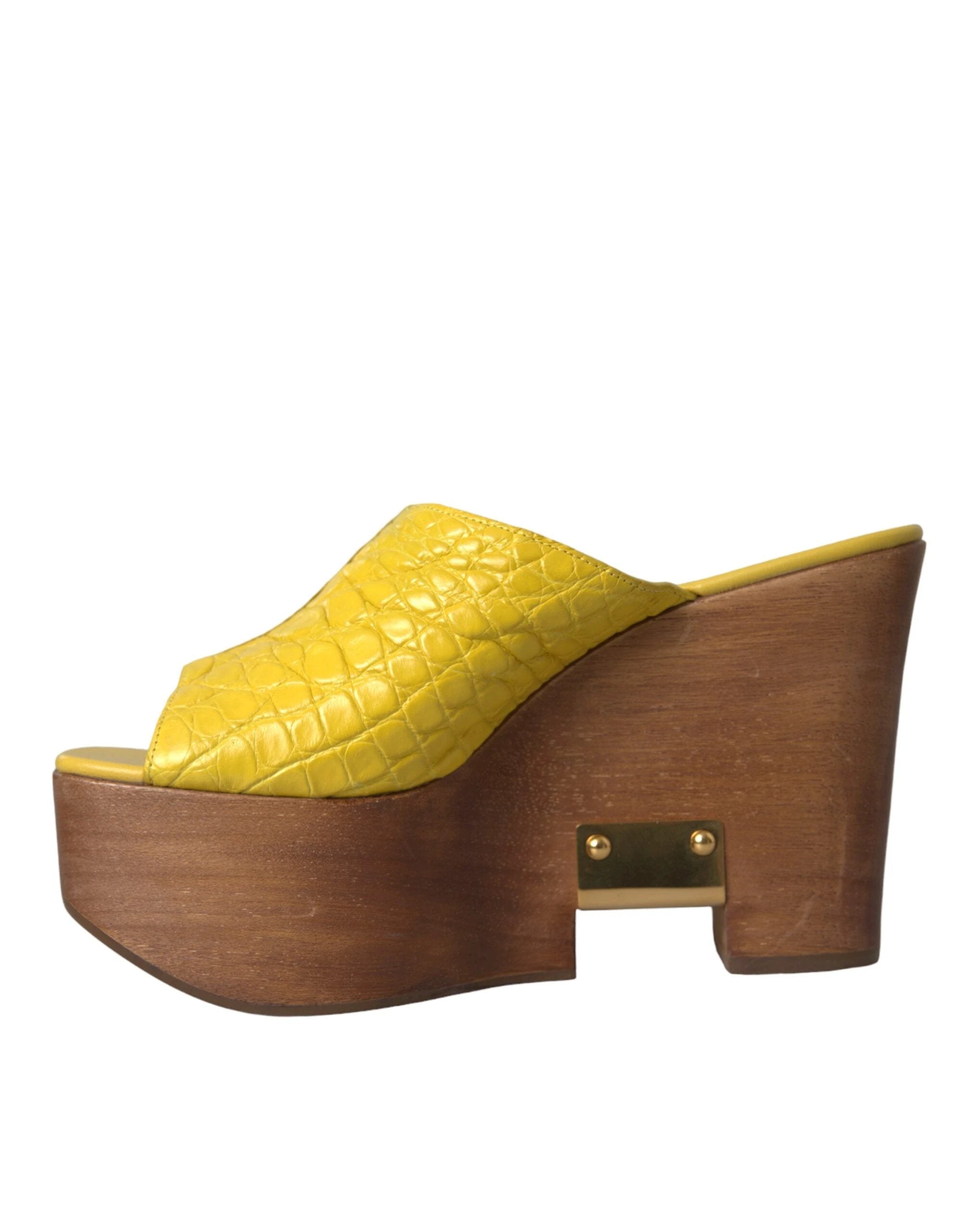 Dolce & Gabbana Yellow Leather Wood Mule Wedge Slides Shoes by Dolce & Gabbana