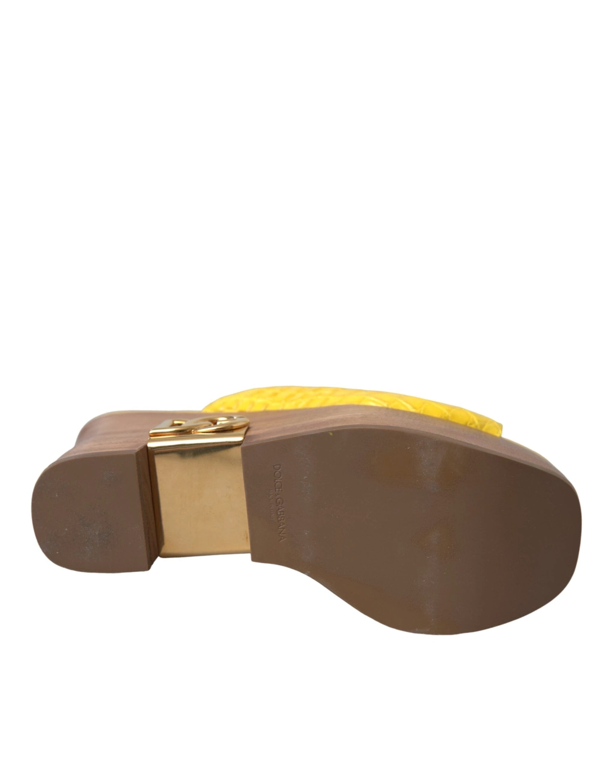 Dolce & Gabbana Yellow Leather Wood Mule Wedge Slides Shoes by Dolce & Gabbana