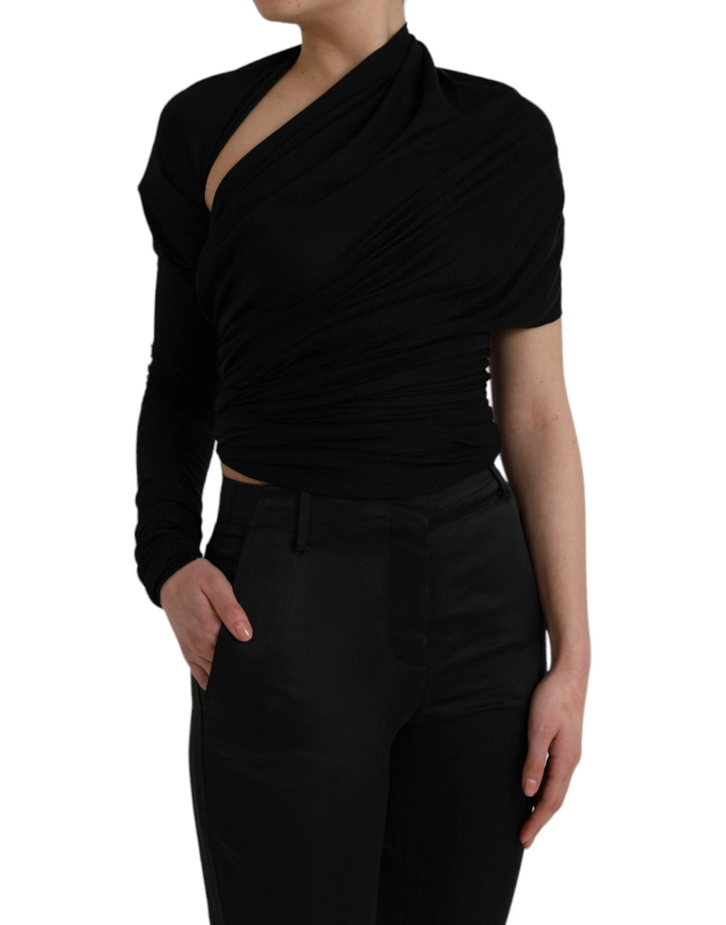Dolce & Gabbana Black Wool Cutout Asymmetric Long Sleeve Top by Dolce & Gabbana