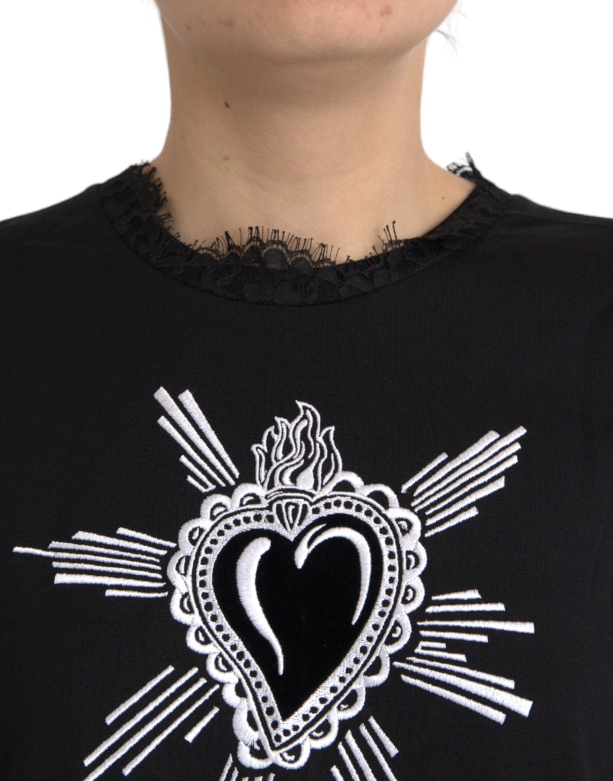 Dolce & Gabbana Black Sacred Heart Print Cotton Lace T-shirt by Dolce & Gabbana