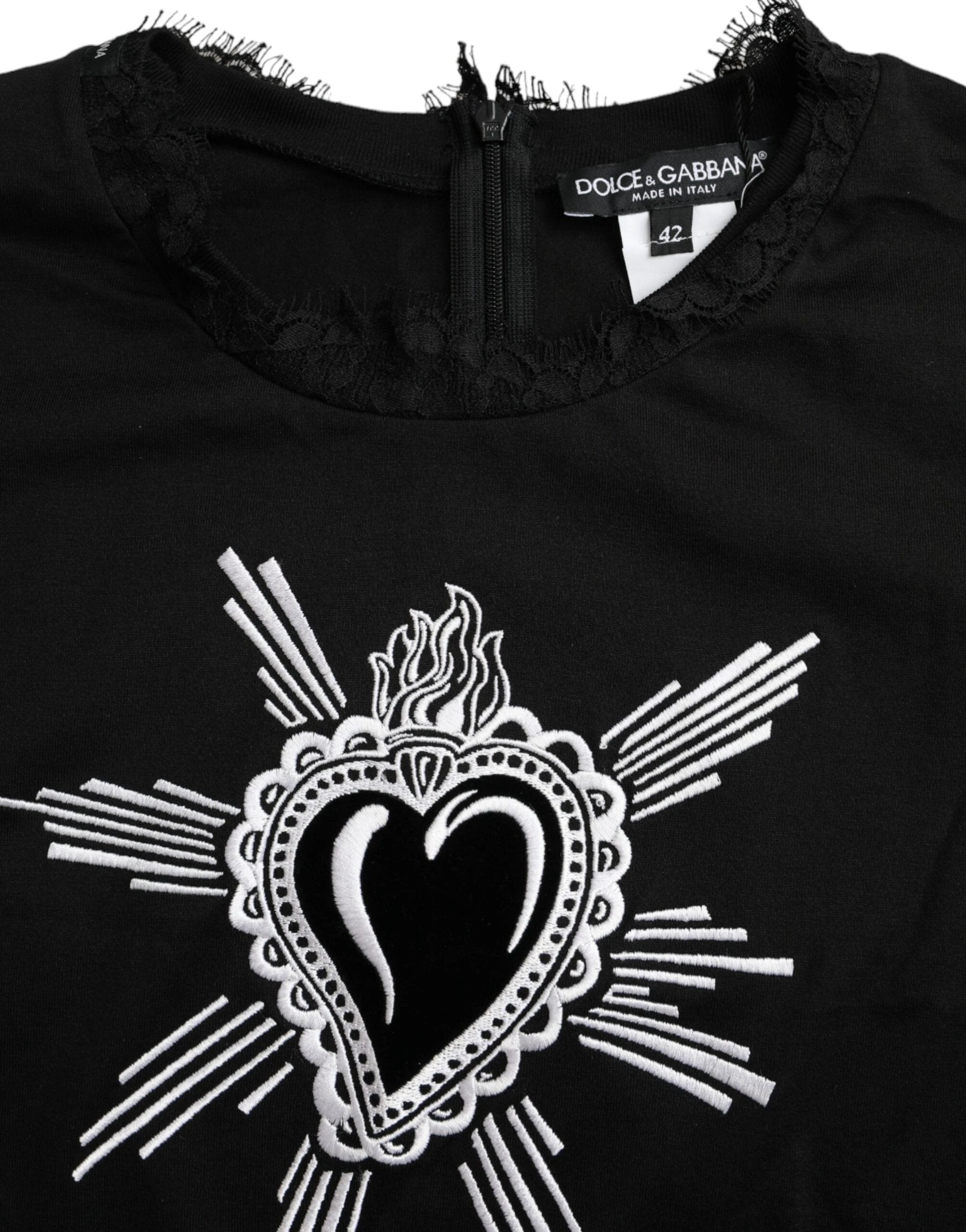 Dolce & Gabbana Black Sacred Heart Print Cotton Lace T-shirt by Dolce & Gabbana