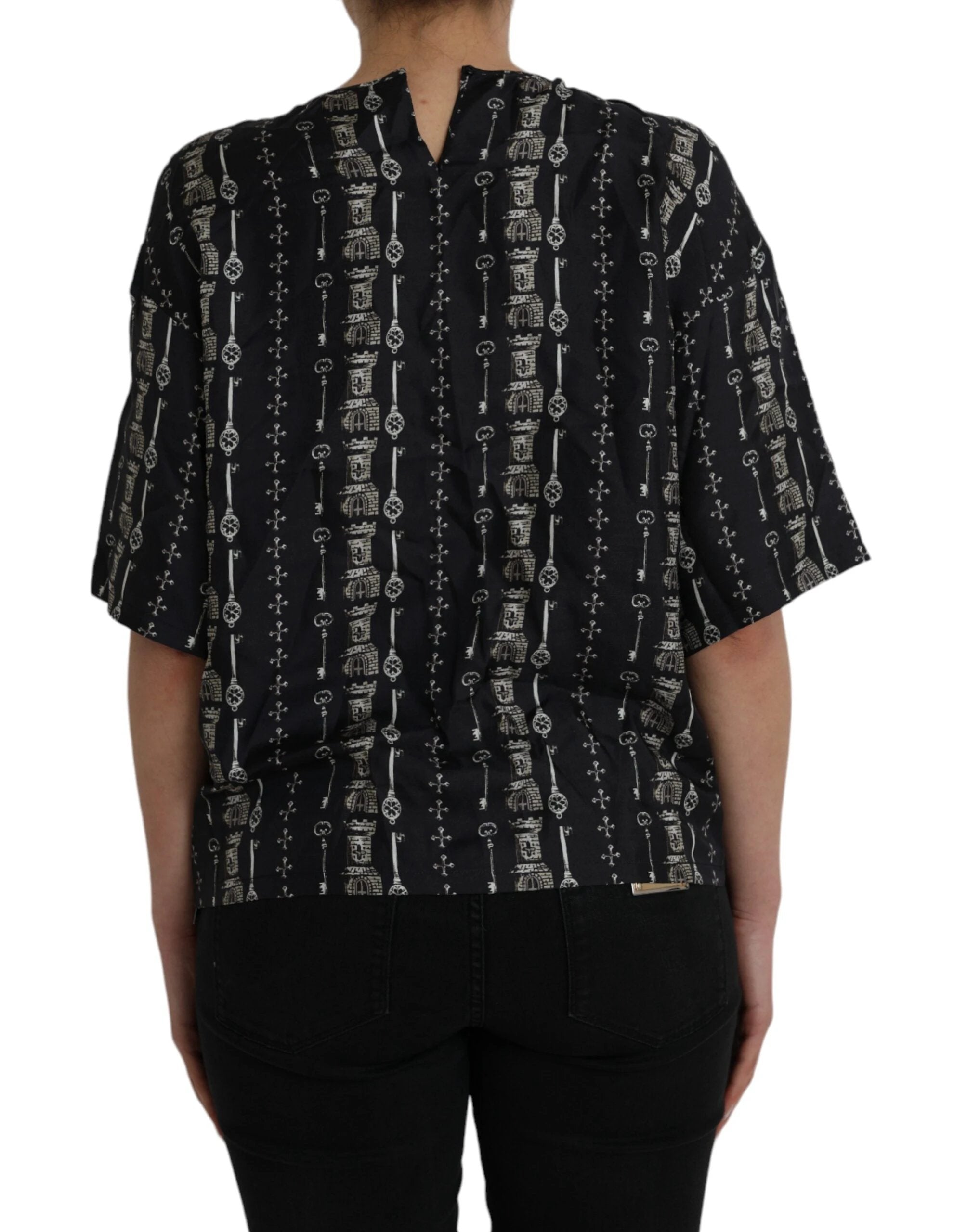 Dolce & Gabbana Black Key Castle Print Silk Blouse T-shirt by Dolce & Gabbana