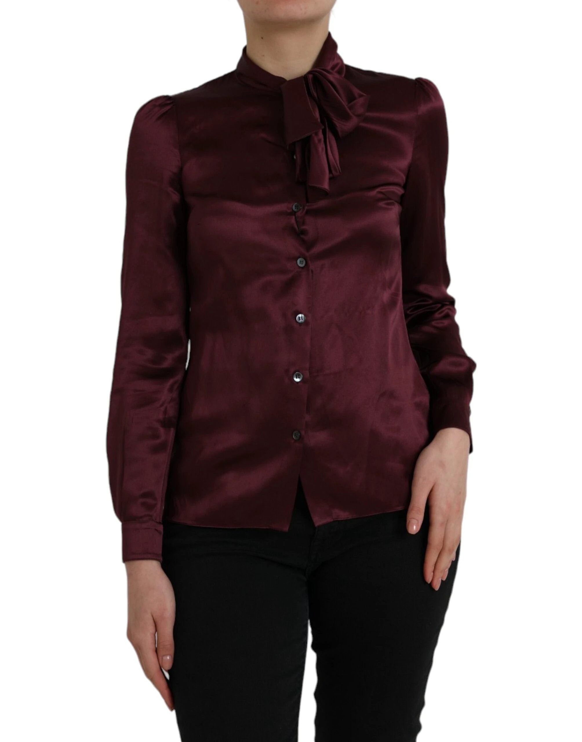 Dolce & Gabbana Maroon Ascot Collar Long Sleeve Top Blouse by Dolce & Gabbana
