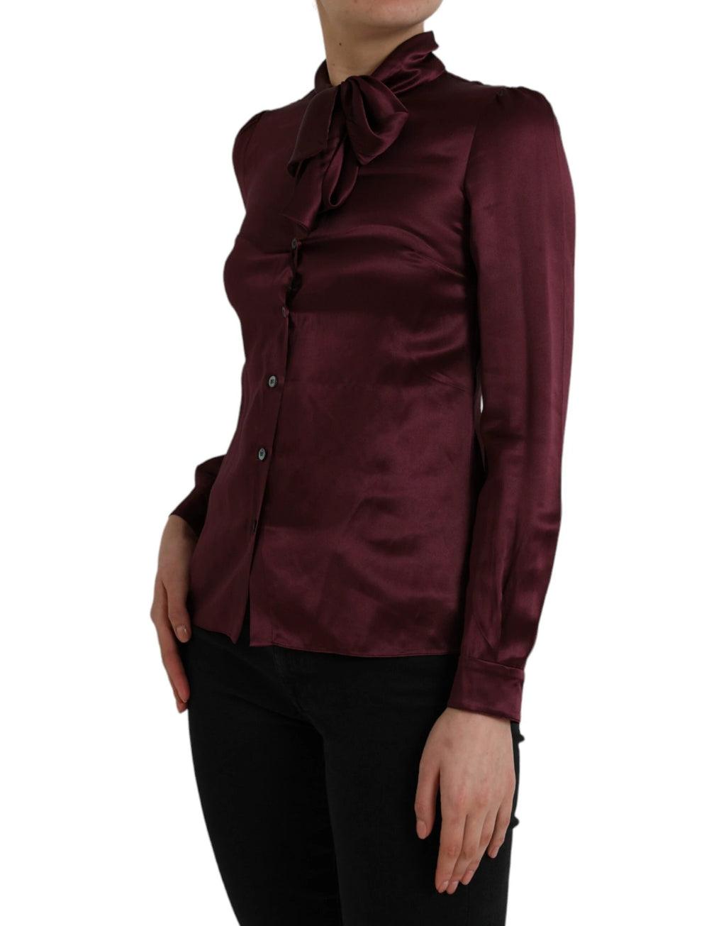 Dolce & Gabbana Maroon Ascot Collar Long Sleeve Top Blouse by Dolce & Gabbana