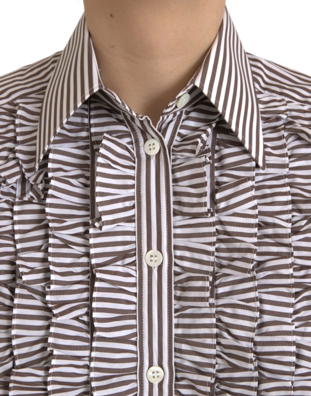 Dolce & Gabbana White Stripes Cotton Long Sleeves Ruffle Collar Top by Dolce & Gabbana